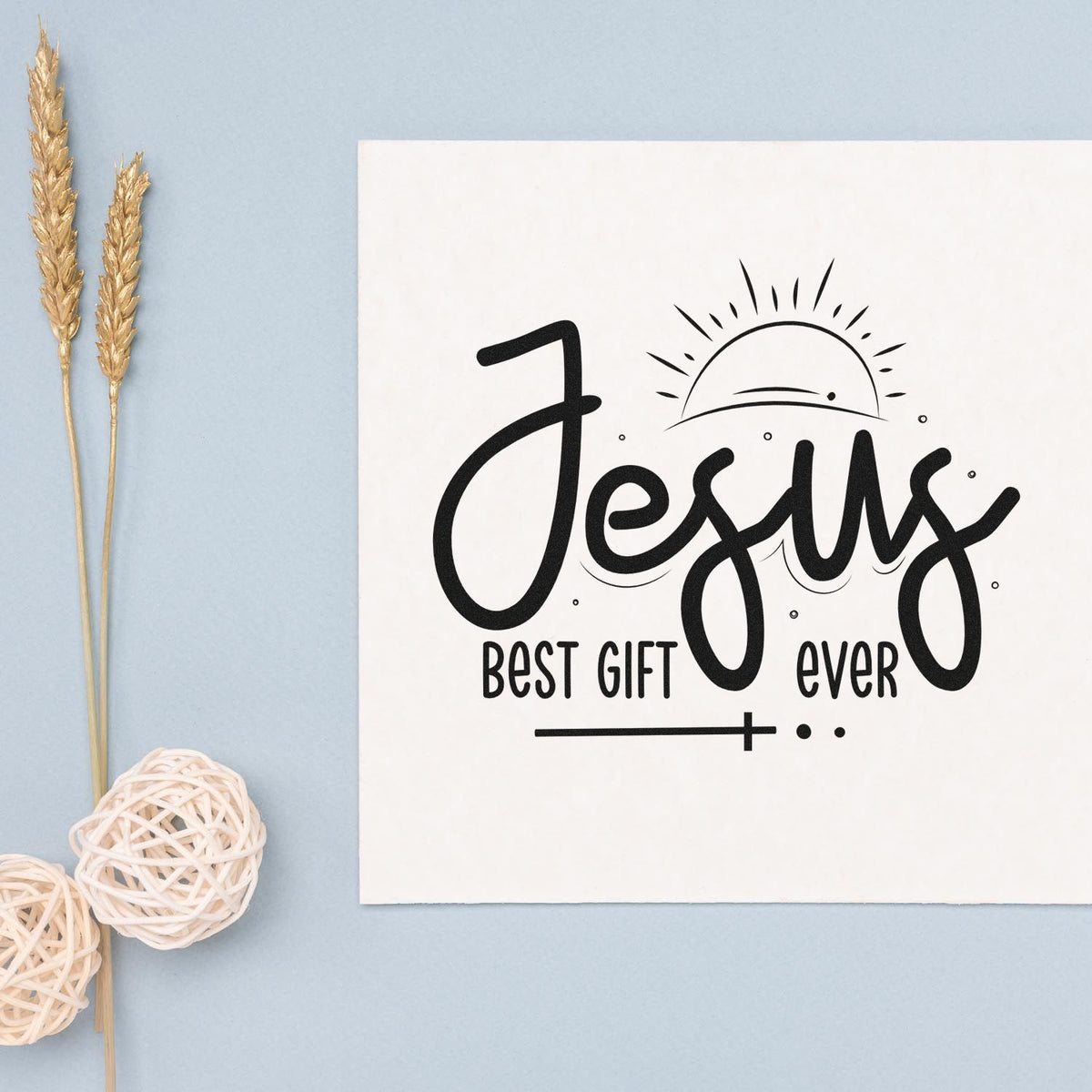 Jesus Best Gift Ever Sunrise Stamp – Slim Pre-Inked imprint stamped in black ink. A rising sun tops large "Jesus" script above "Best gift ever."