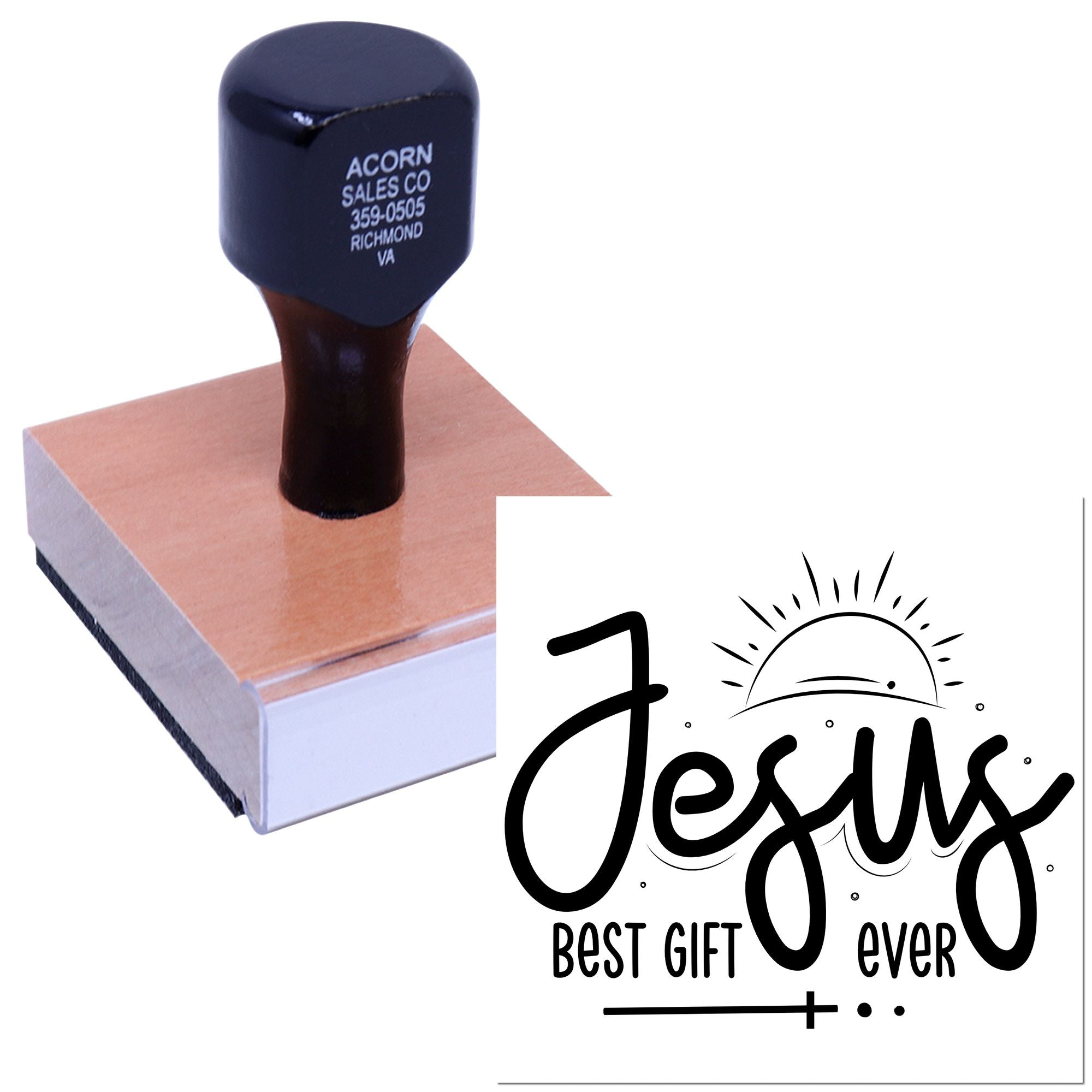 Custom Jesus Best Gift Ever rubber stamp on wooden block for religious crafts and gift packaging.