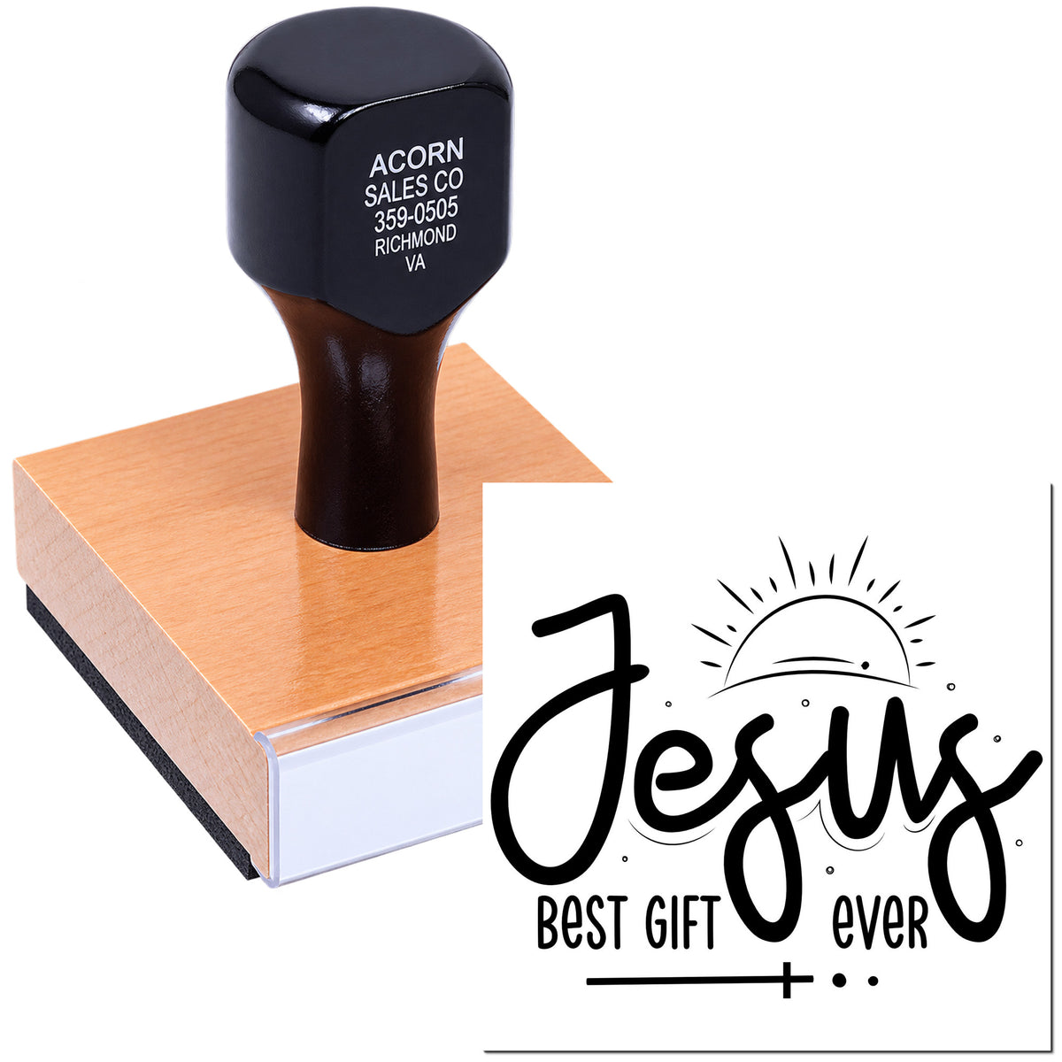 Custom Jesus Best Gift Ever rubber stamp on wooden block for religious crafts and gift packaging.