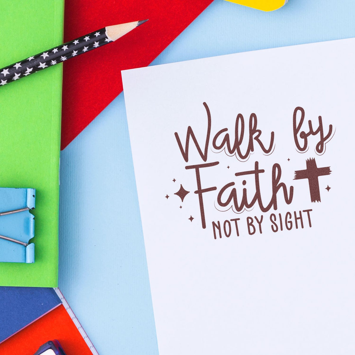 Christian rubber stamp design reading Walk by Faith, Not by Sight for faith-based crafts, journaling, and stationery.