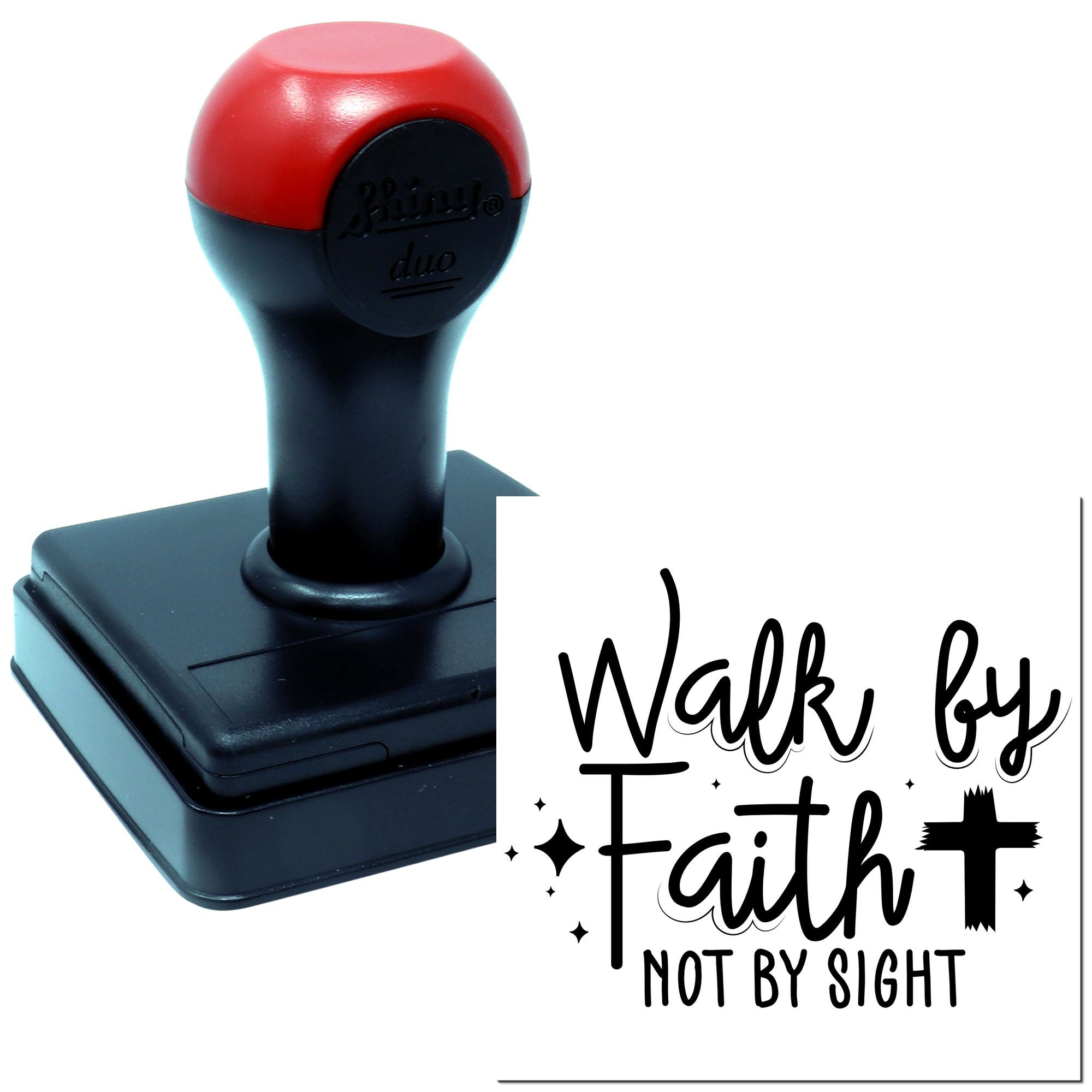 Self-inking rubber stamp with Walk by Faith, Not by Sight design for faith-based crafting, church, and stationery.