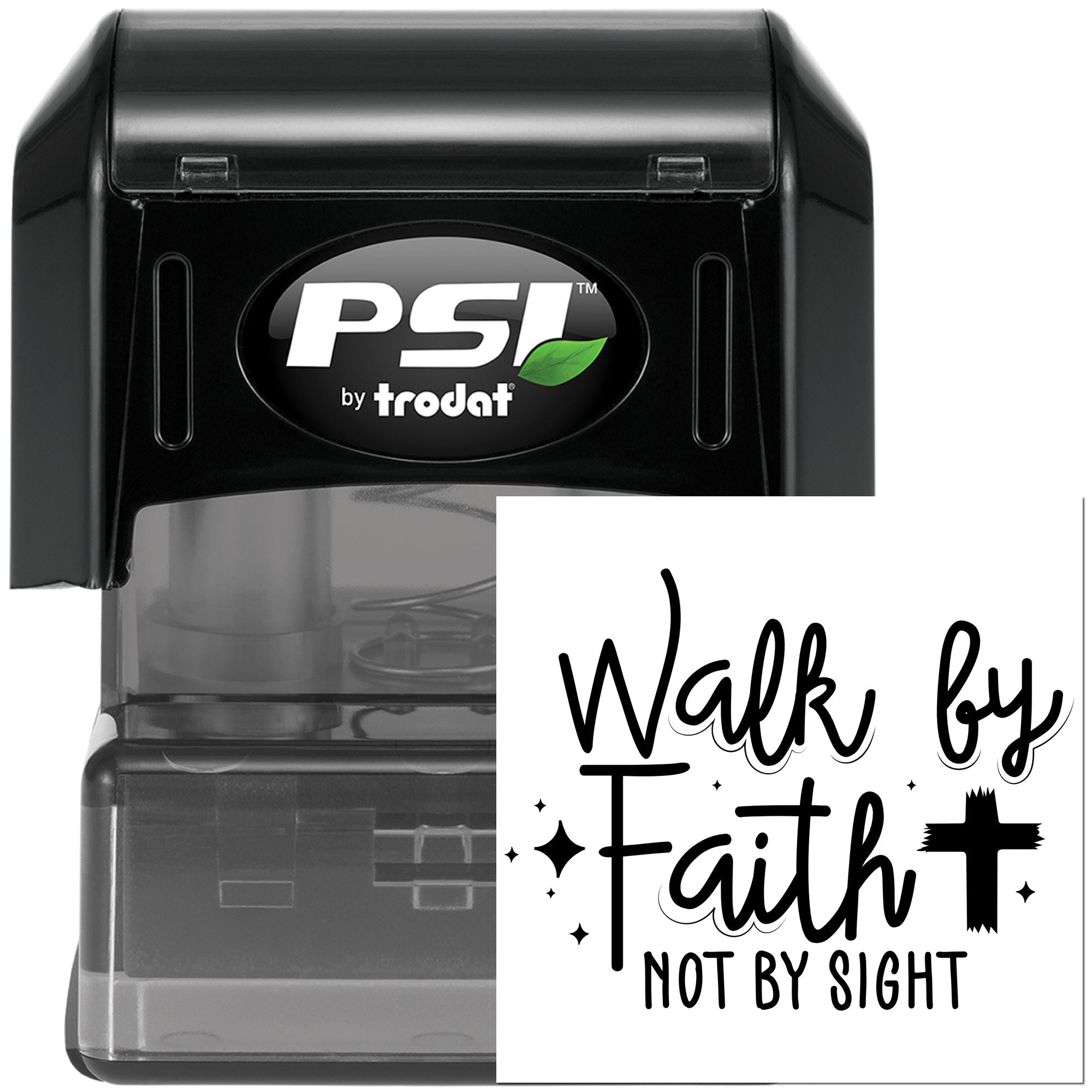 PSI by Trodat self-inking rubber stamp with Walk by Faith, Not by Sight inspirational Christian message for faith-based stamping