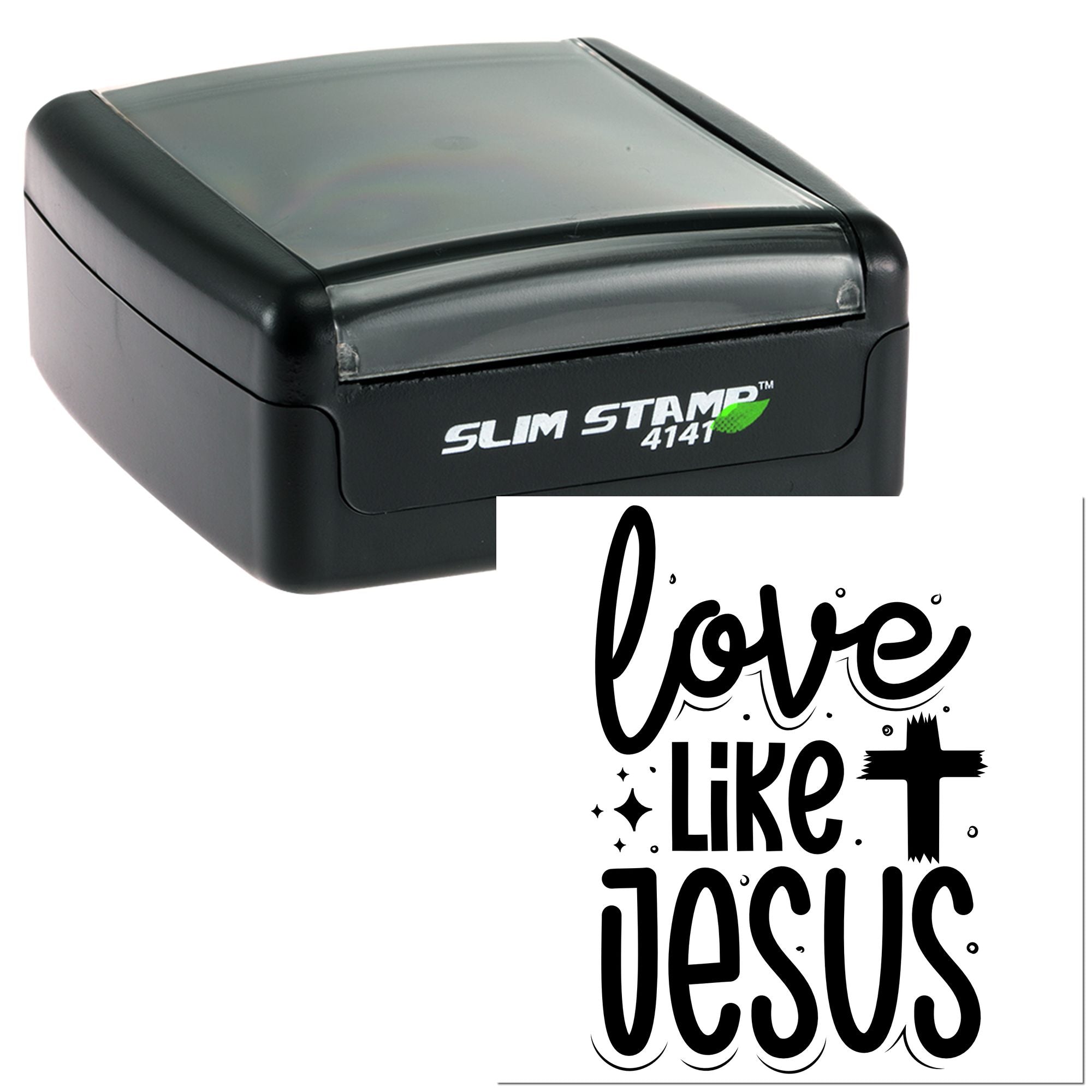 Slim self-inking rubber stamp with Love Like Jesus design for Christian crafts and custom religious stamping.
