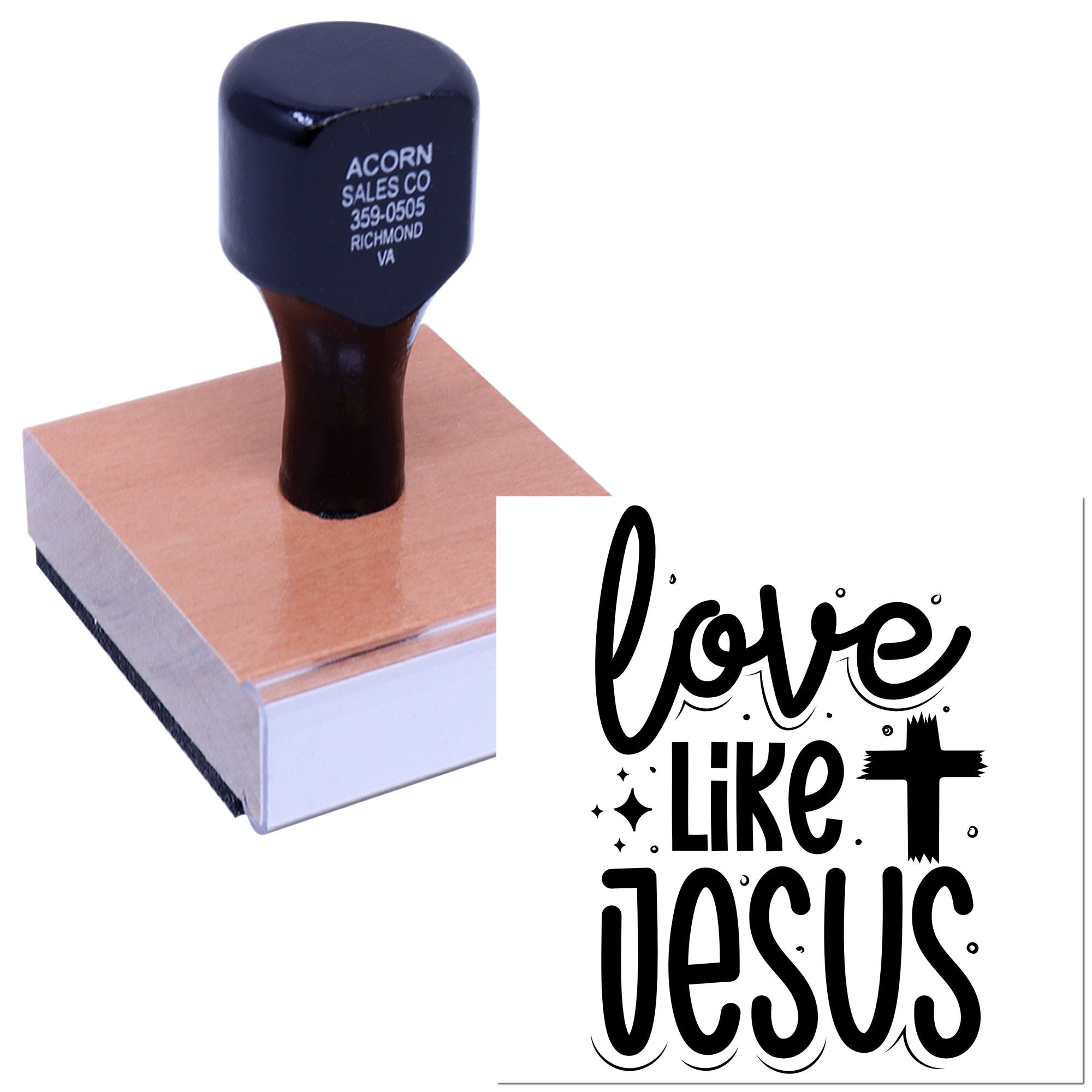 Wood-mounted rubber stamp with Love Like Jesus design for Christian crafts, handmade cards, and faith-based branding.