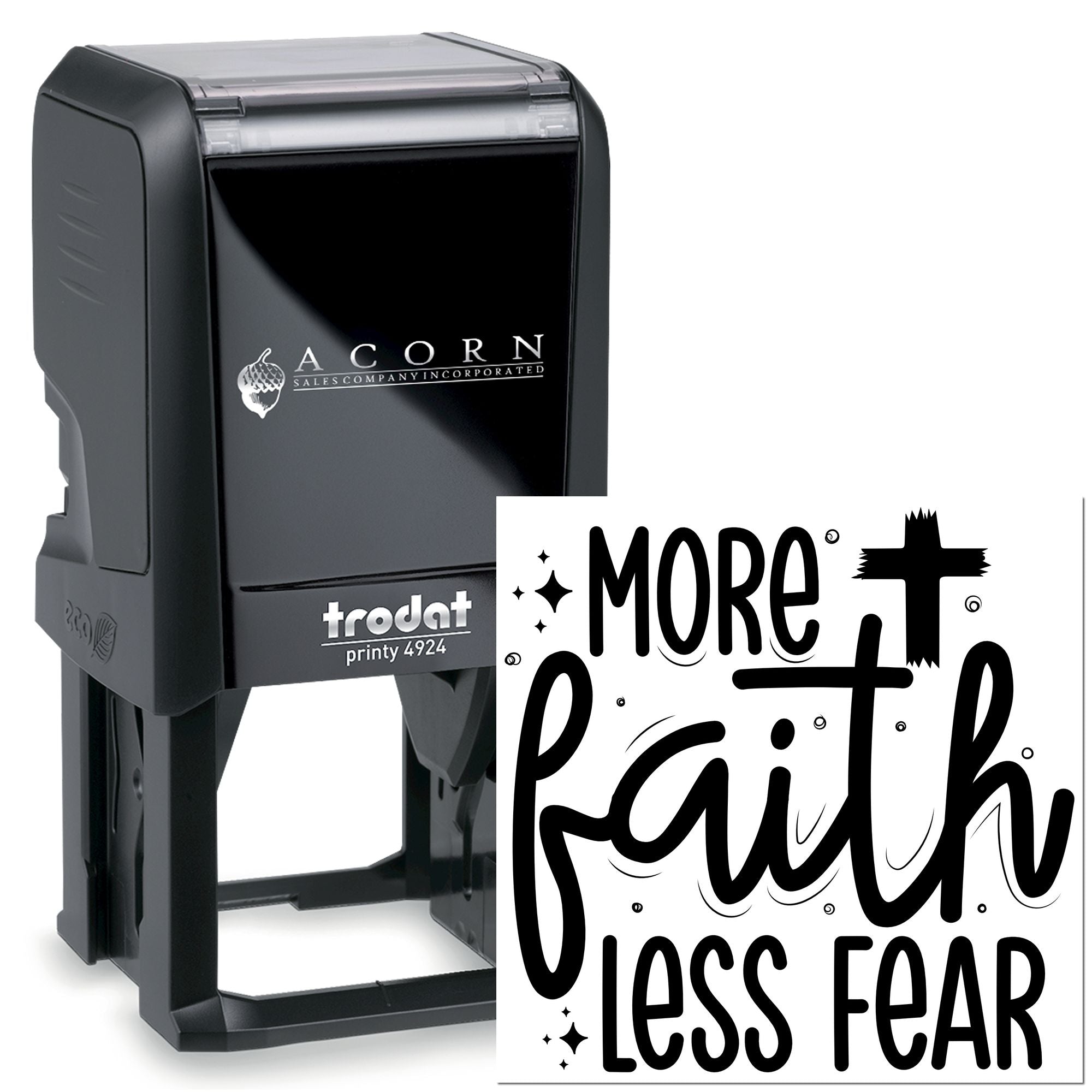 Trodat Printy 4924 self-inking rubber stamp with custom More Faith Less Fear imprint for personalized branding.