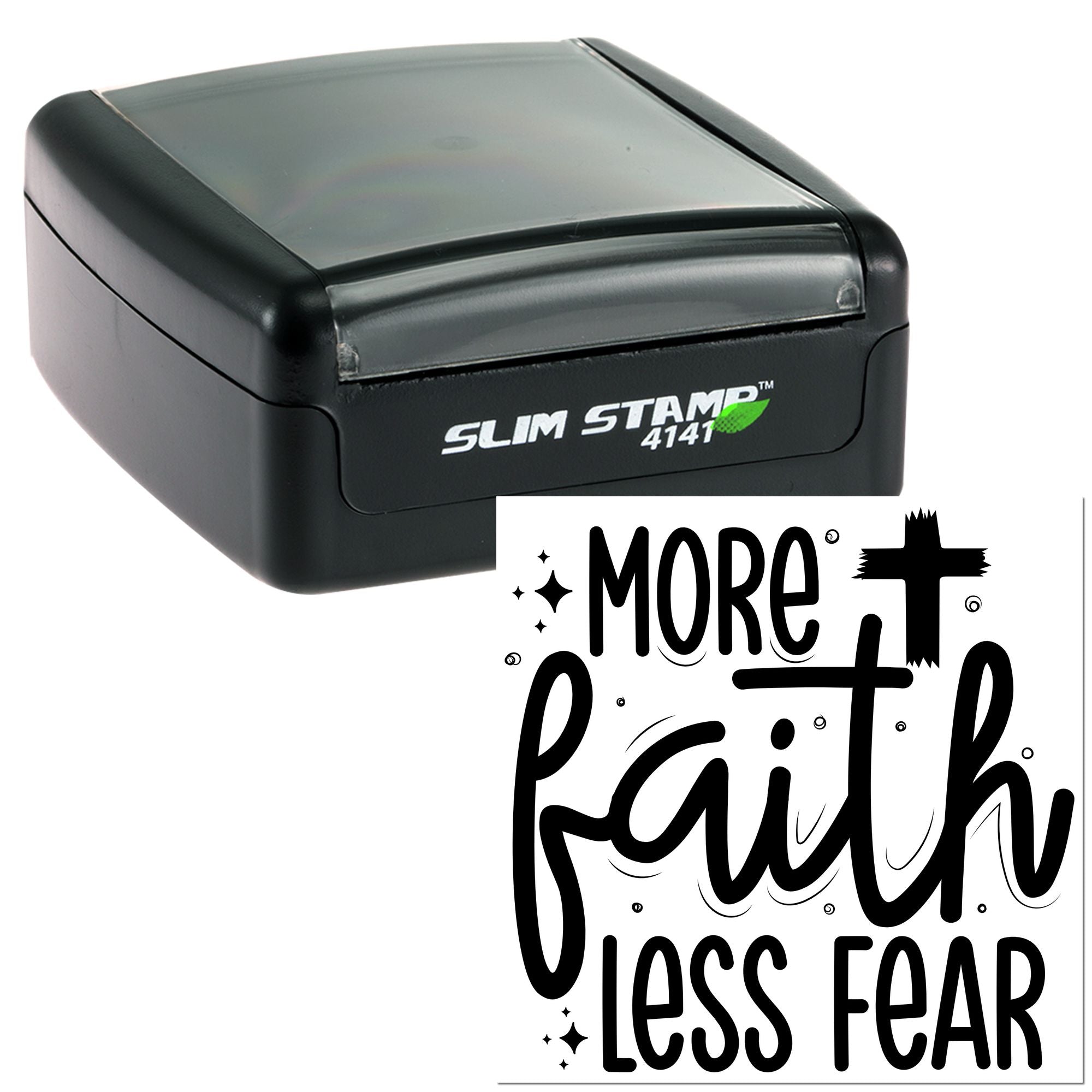 Self-inking Slim Stamp 4141 custom rubber stamp with More faith, less fear design for faith-based crafting.