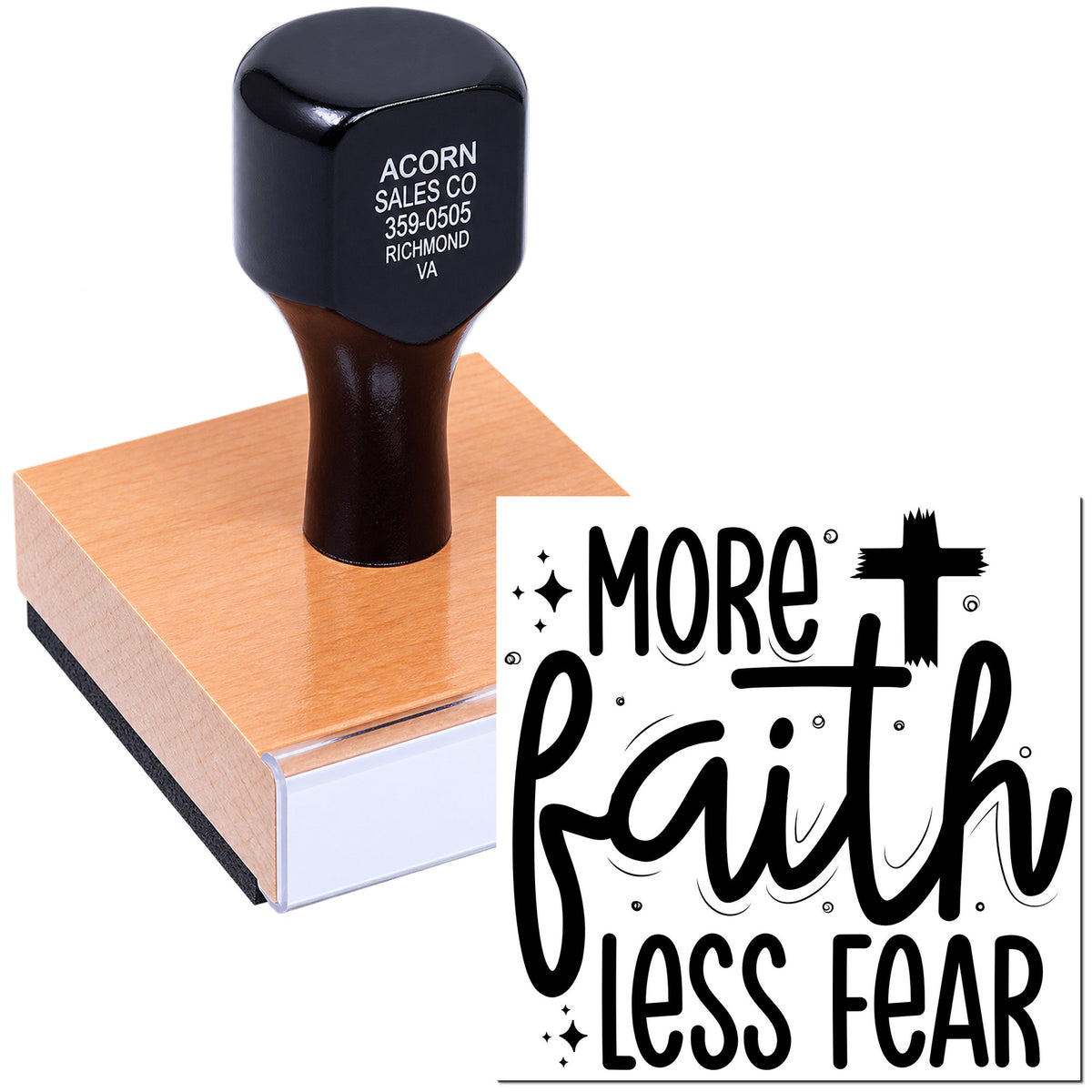 Custom wood-mounted rubber stamp featuring More Faith Less Fear faith-based motivational design.