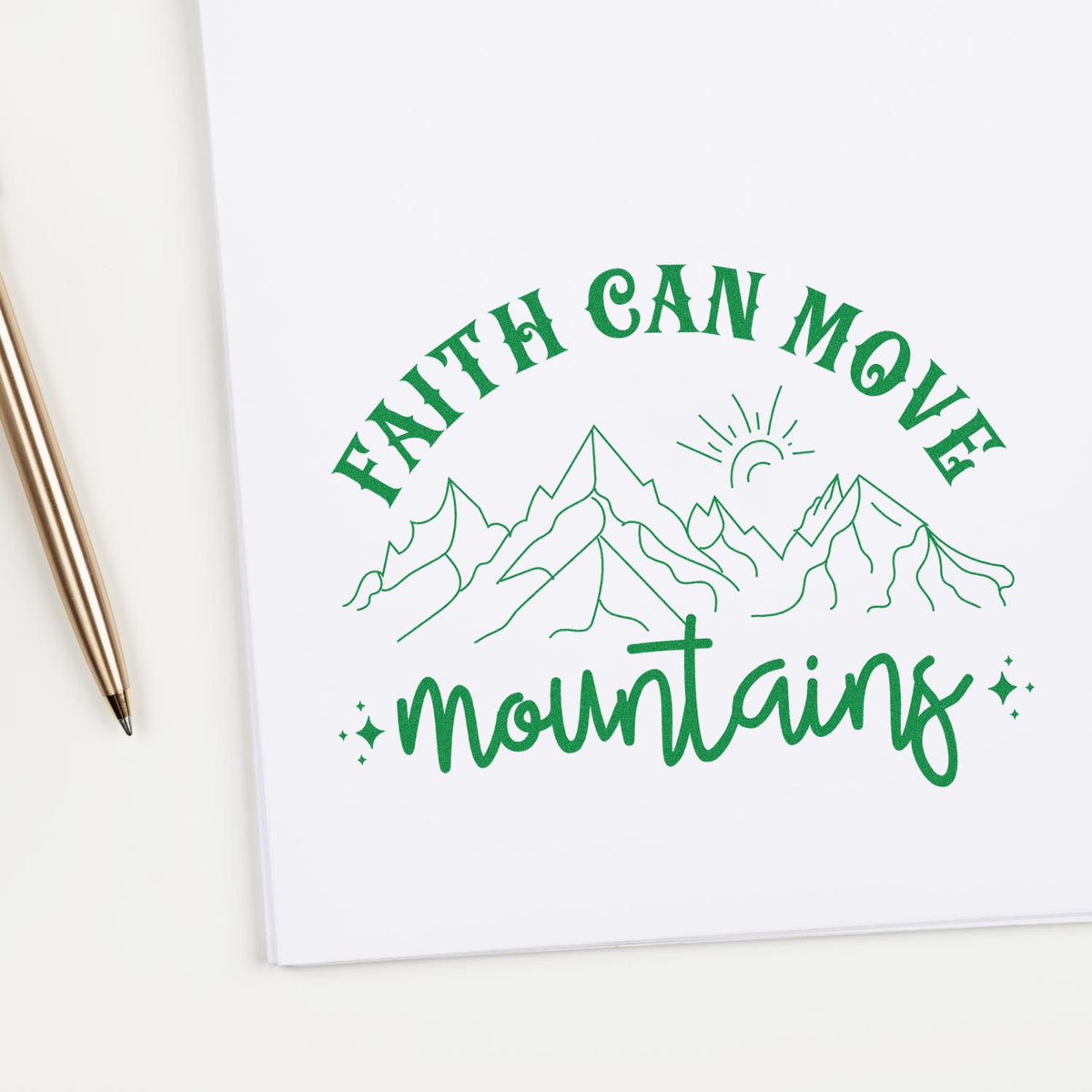 Faith Can Move Mountains rubber stamp design with green mountain line art and inspirational Christian quote