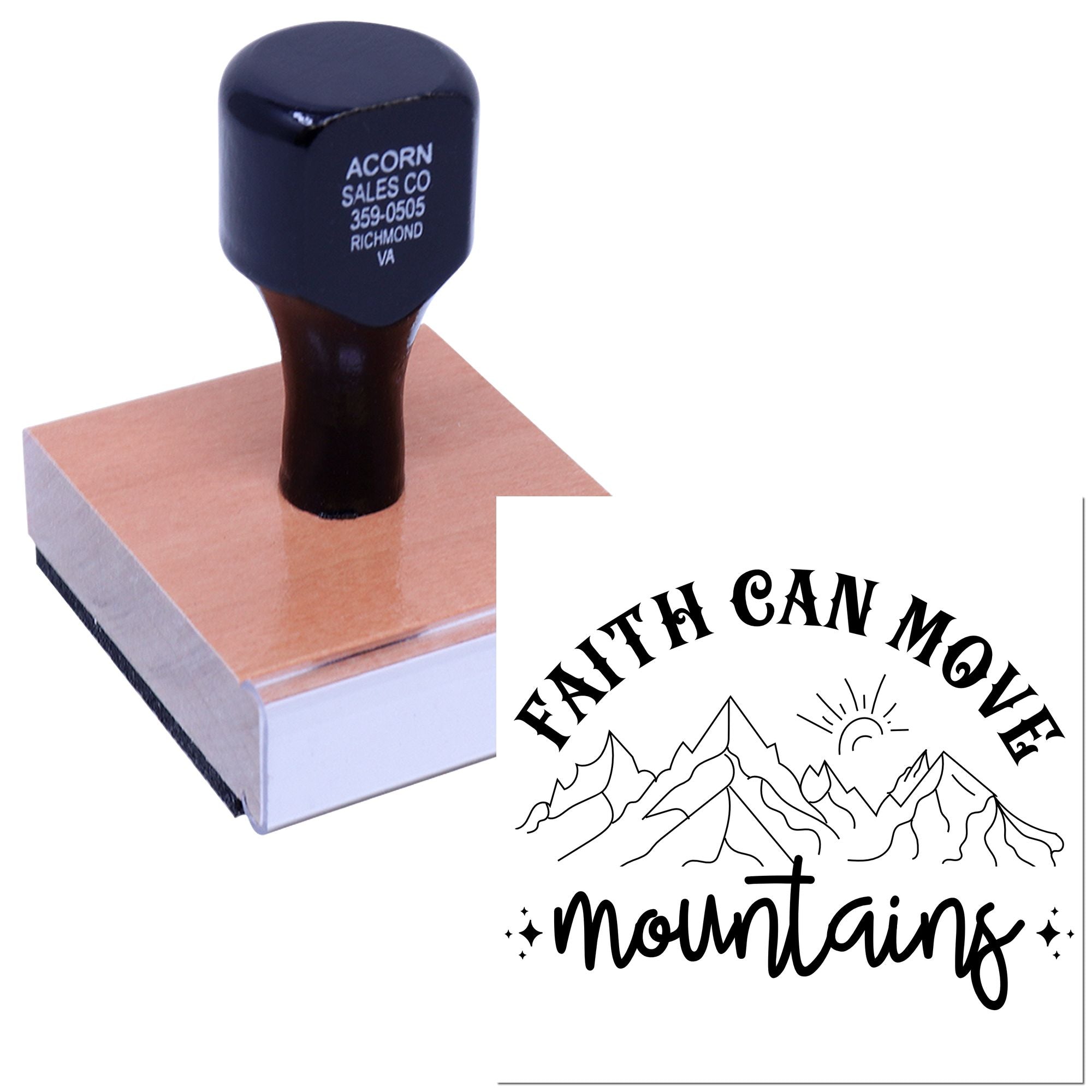 Custom rubber stamp with Faith Can Move Mountains mountain design for inspirational crafts, church projects, and handmade cards.