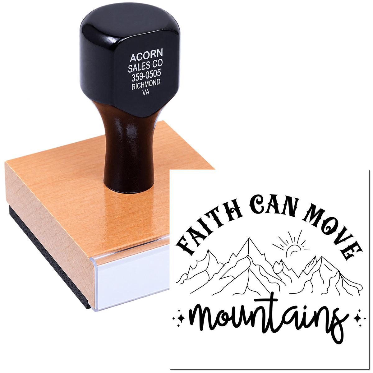 Custom rubber stamp with Faith Can Move Mountains mountain design for inspirational crafts, church projects, and handmade cards.