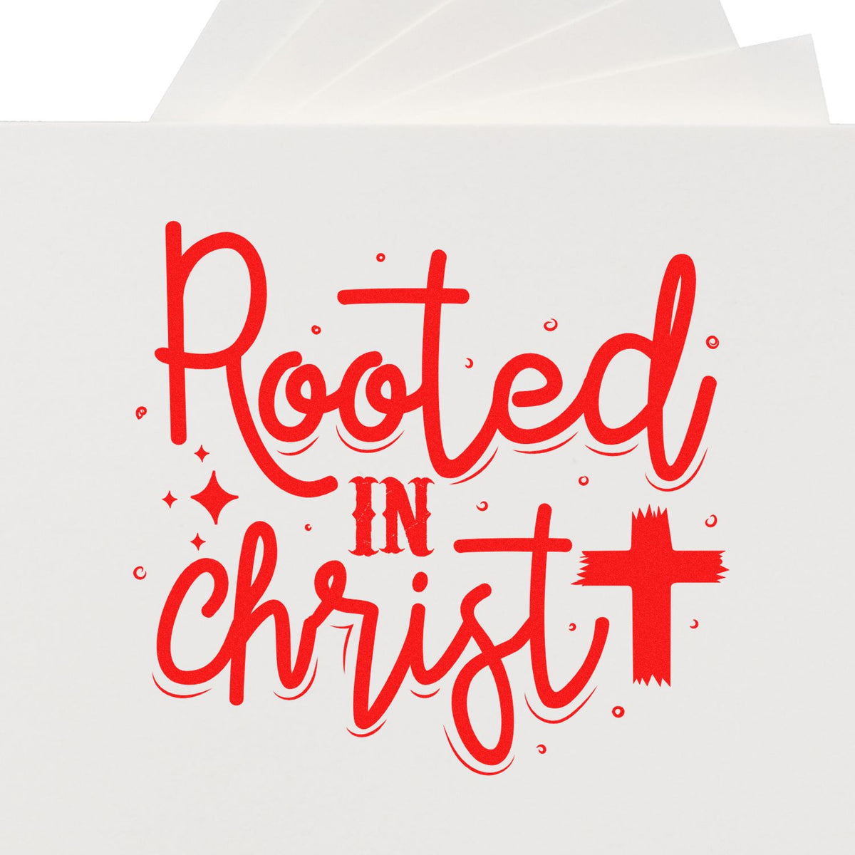 Rooted in Christ rubber stamp design with decorative red lettering for Christian crafts, cards, and faith-based packaging.