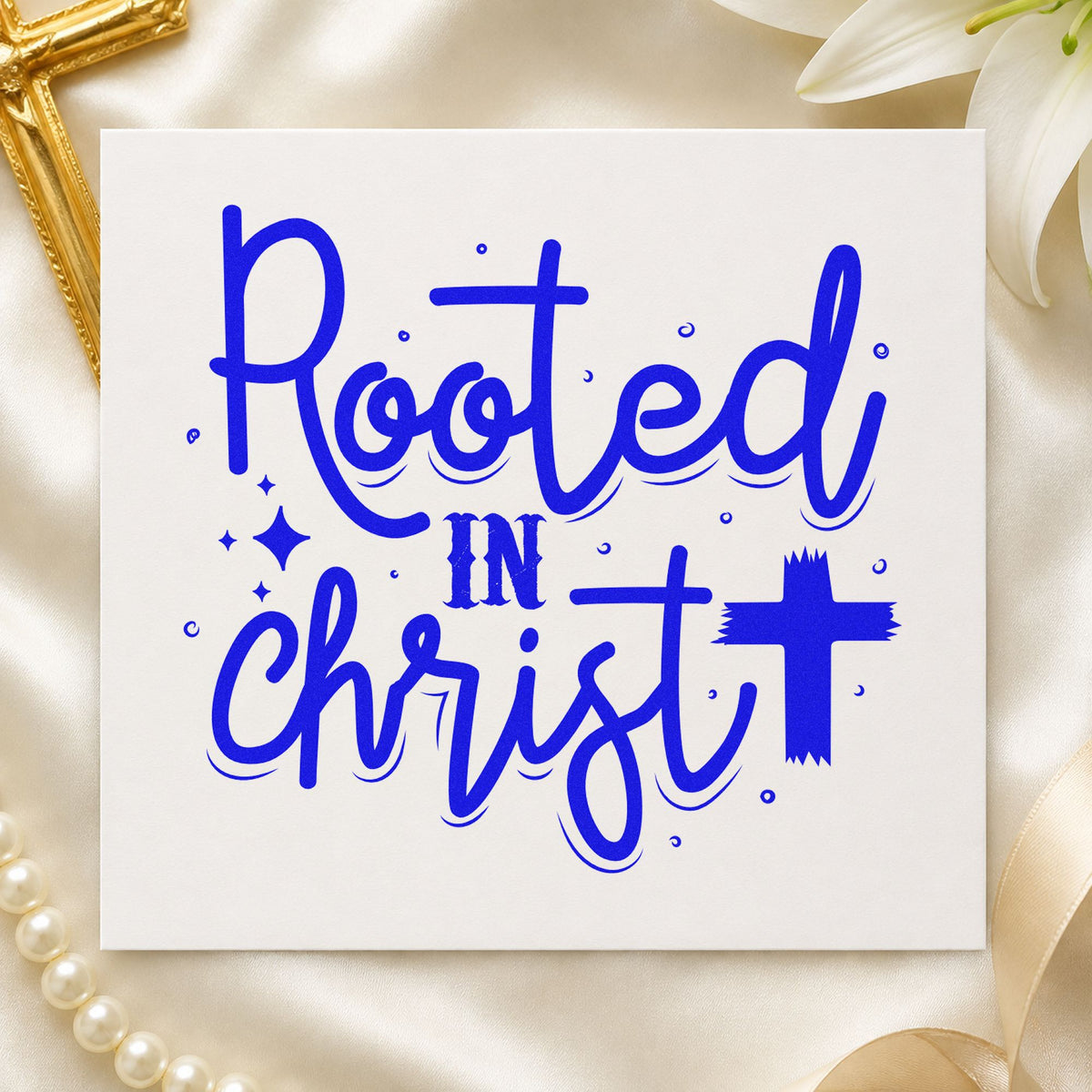 Rooted in Christ Script craft stamp in blue ink on cardstock, an easy option for family tree totes.