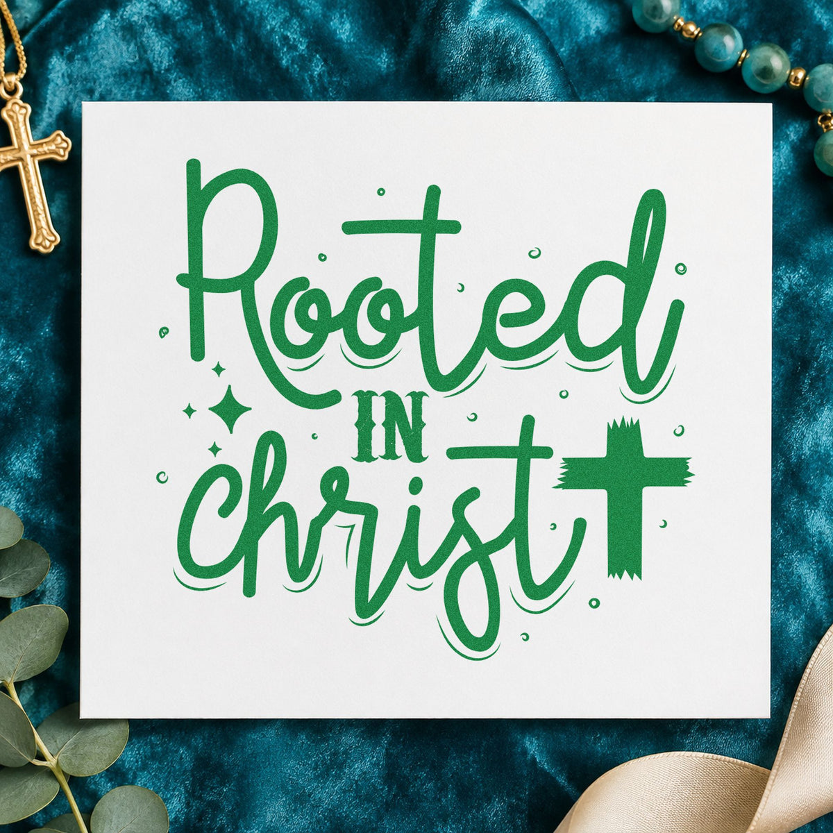 Rooted in Christ Script craft stamp imprint in green ink on a handmade project, one idea being framed sunroom art.