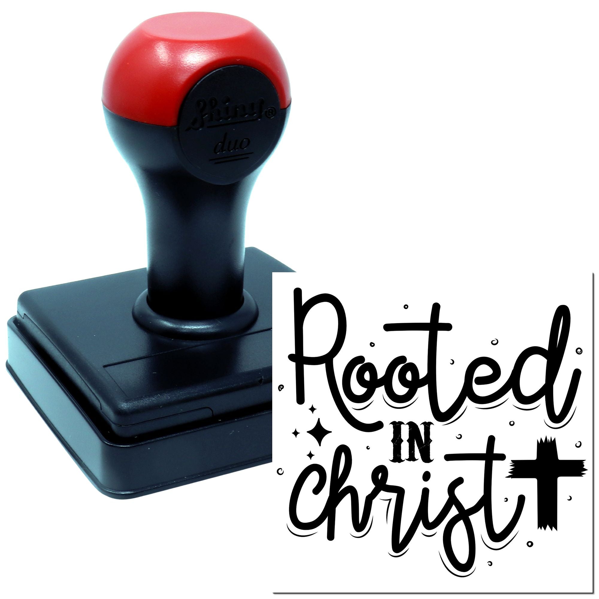 Custom self-inking rubber stamp with Rooted in Christ design for Christian crafts, church projects, and faith-based branding.