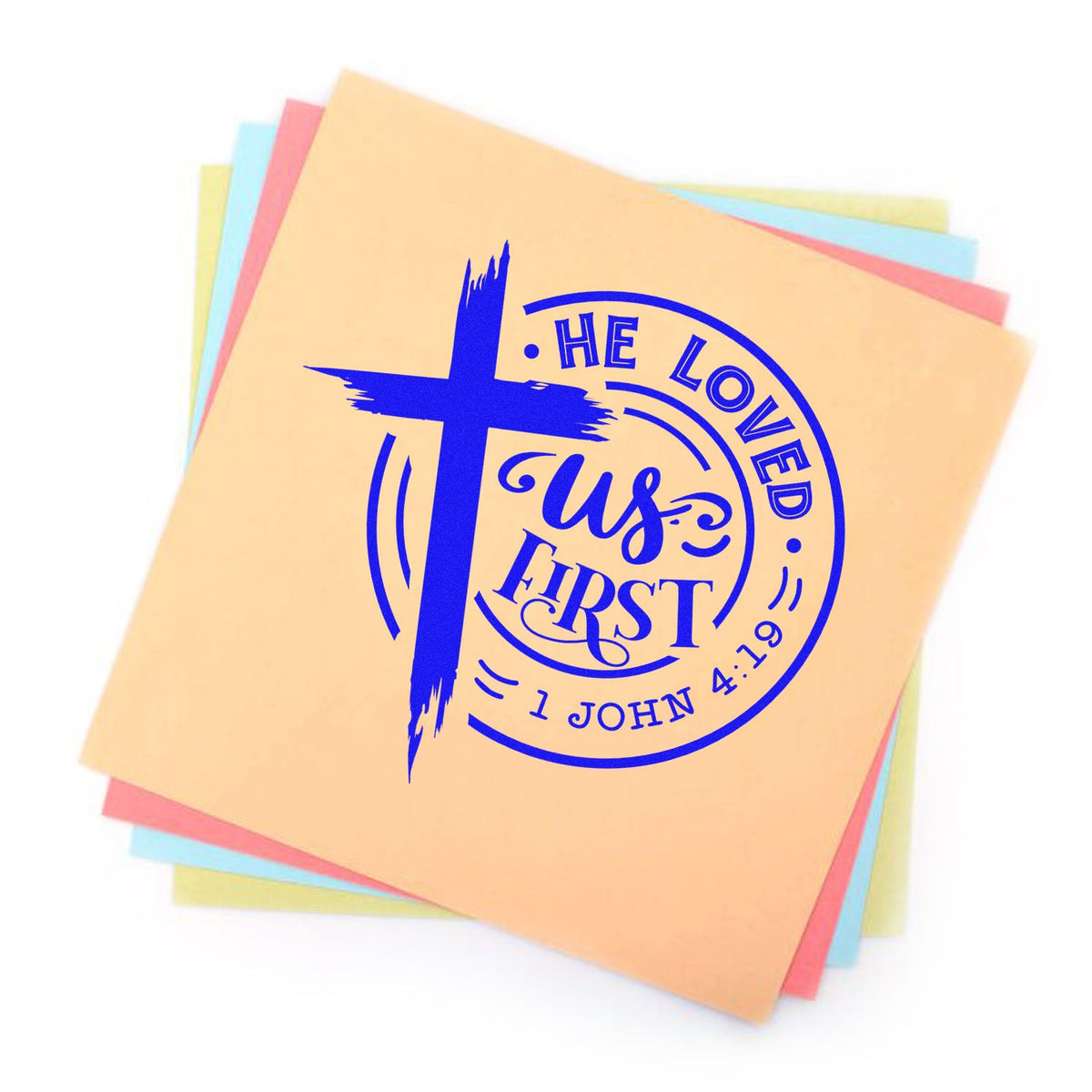 Christian rubber stamp design with cross and He loved us first 1 John 4:19 for faith-based crafts and cards