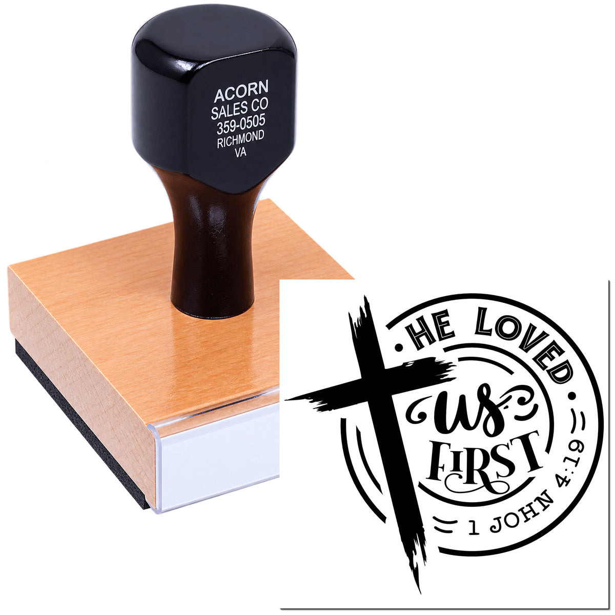 Custom rubber stamp with cross design and Bible verse imprint, He Loved Us First 1 John 4:19 for church crafts.