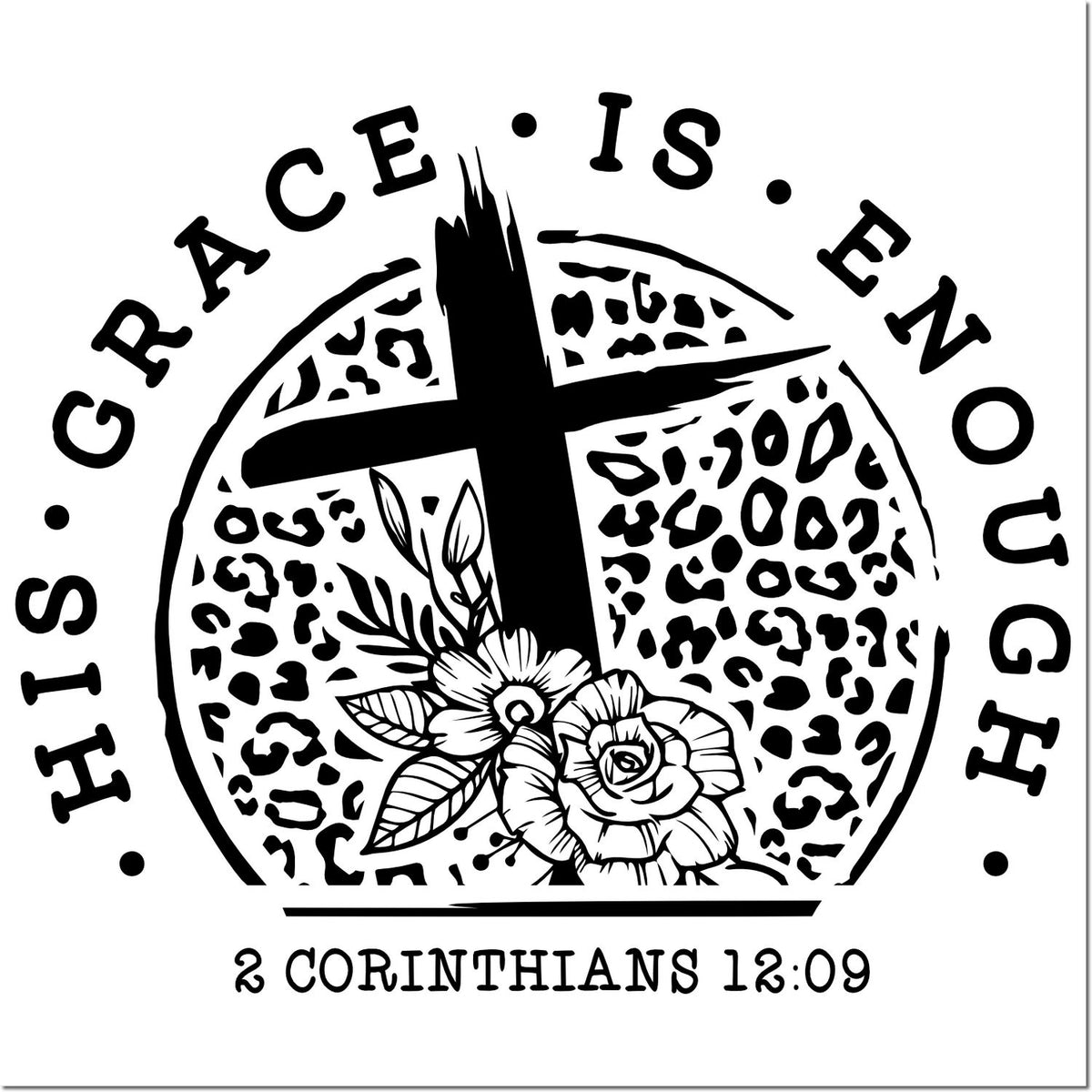 Christian rubber stamp design with cross and floral leopard print, reading His grace is enough and 2 Corinthians 12:9.