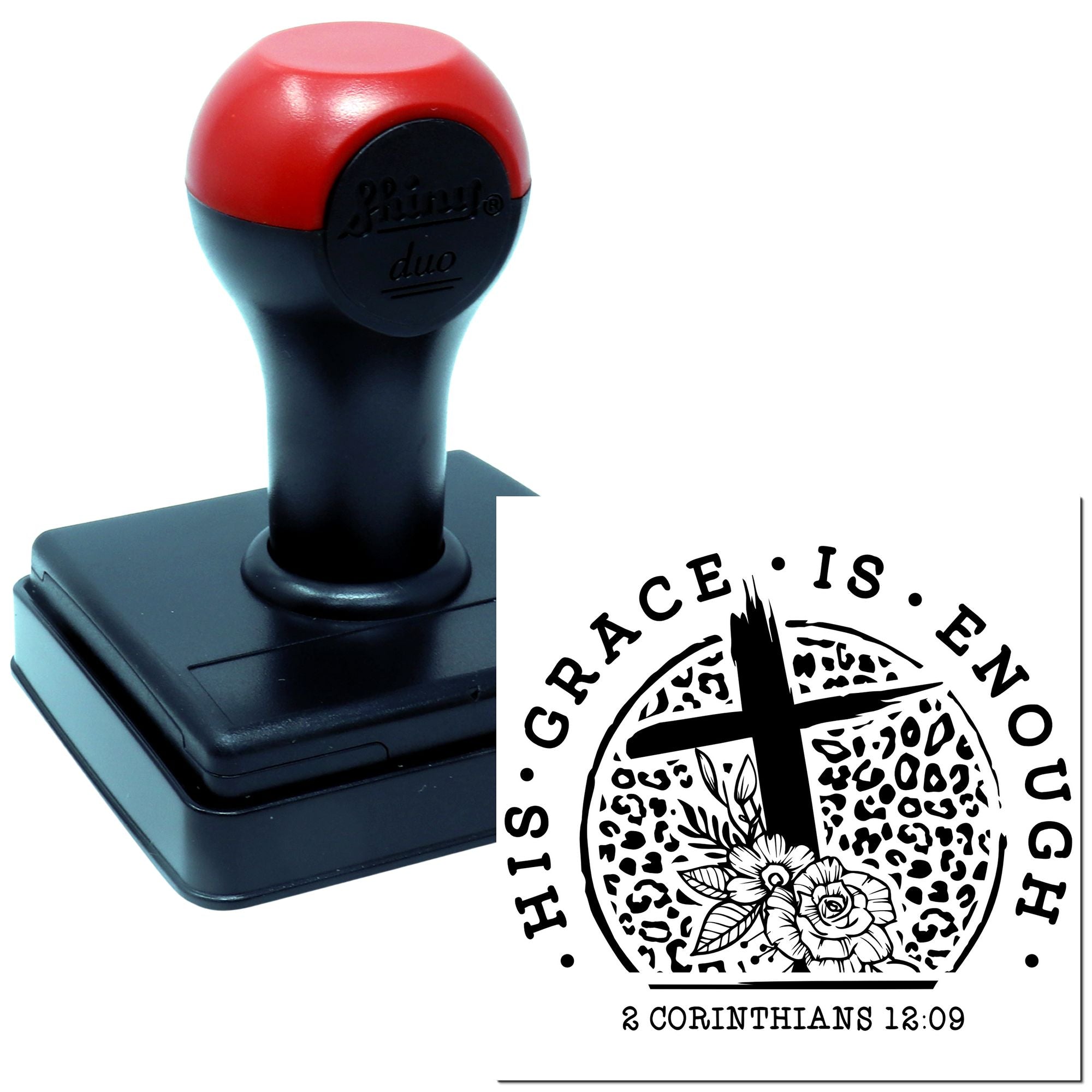 Custom self-inking rubber stamp featuring His Grace Is Enough Christian verse design, 2 Corinthians 12:9.