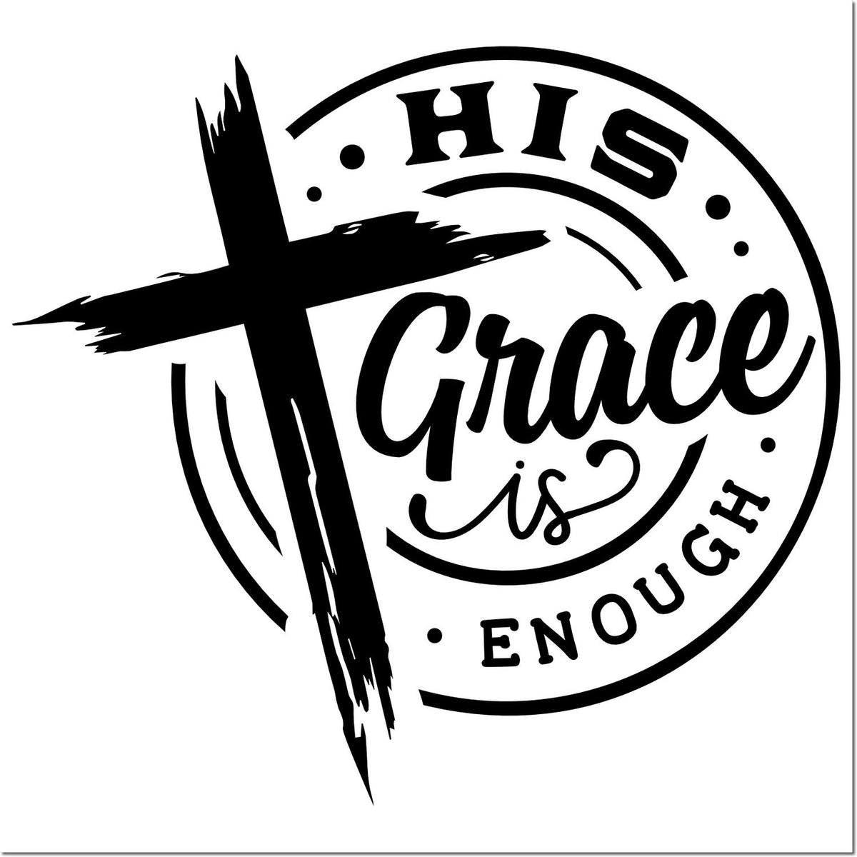 Christian rubber stamp design with cross and the phrase His Grace Is Enough in a circular vintage style.