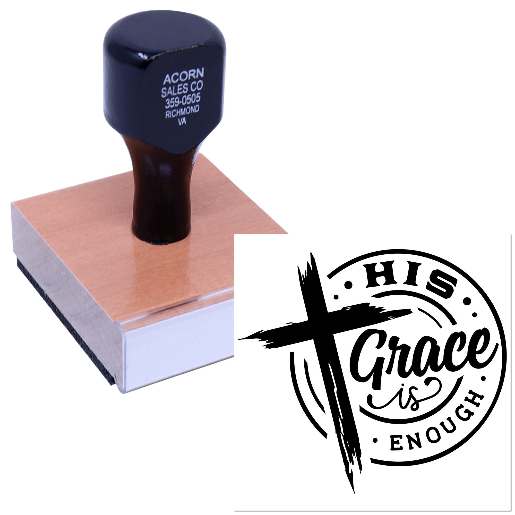 Custom Christian rubber stamp with His Grace Is Enough cross design for faith-based crafts and church projects