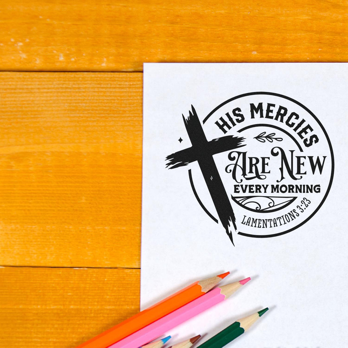 Custom Christian rubber stamp design with cross and Bible verse His mercies are new every morning for journaling and crafts.