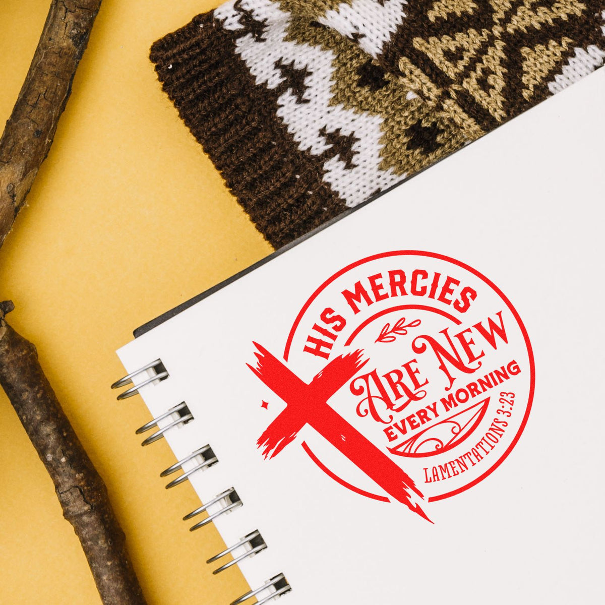 Red Christian rubber stamp design with His Mercies Are New Every Morning Bible verse, cross, and Lamentations 3:23.