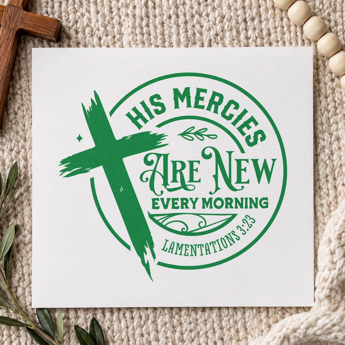 Mercies New Every Morning Badge craft stamp imprint in green ink on a handmade project, one idea being breakfast menu cards.