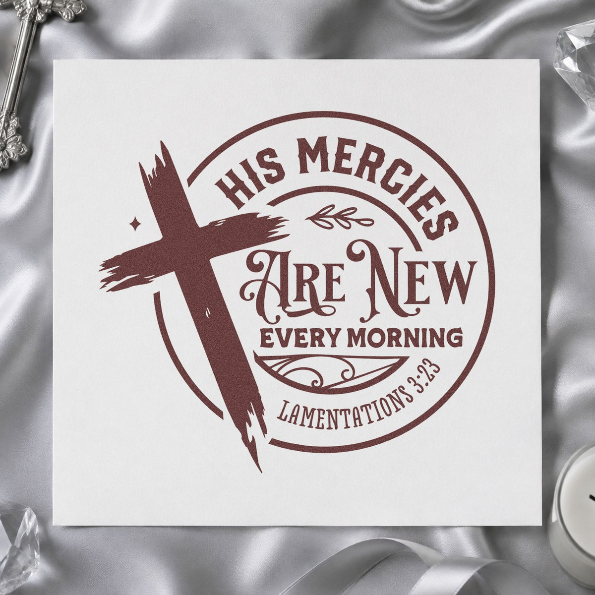 Mercies New Every Morning Badge rubber stamp printed in brown ink, ready for sunrise photo pages and similar paper crafts.