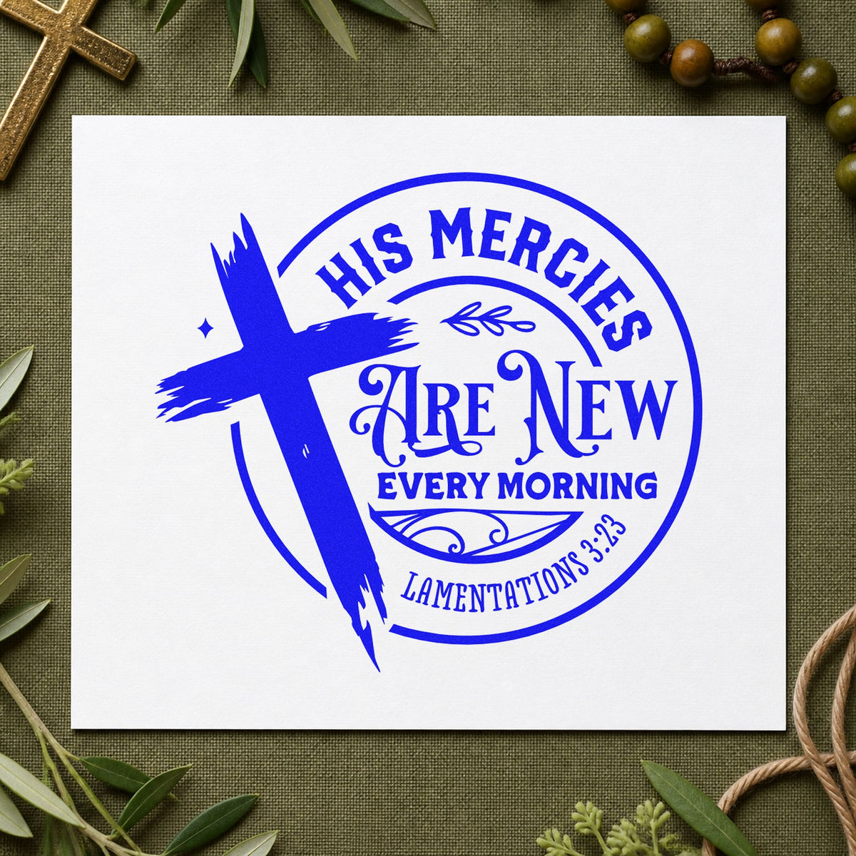Mercies New Every Morning Badge craft stamp in blue ink on cardstock, an easy option for bathrobe pocket tees.