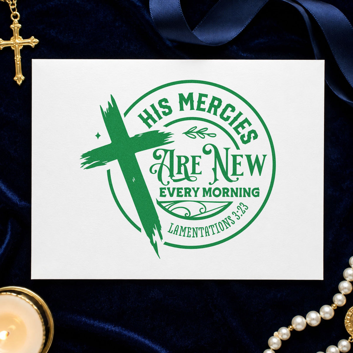 Mercies New Every Morning Badge craft stamp imprint in green ink on a handmade project, one idea being framed bathroom art.