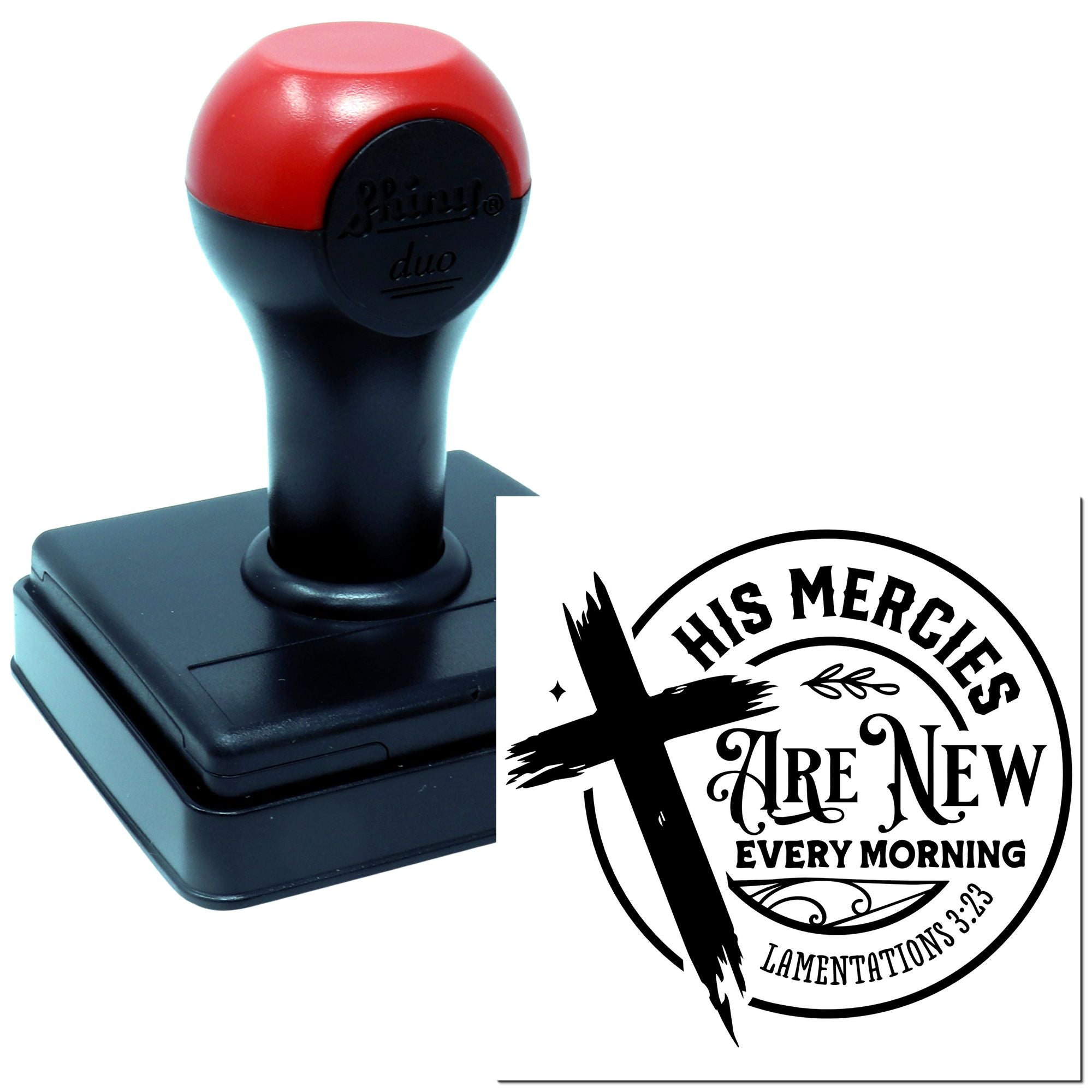 Custom self-inking rubber stamp with Bible verse His mercies are new every morning and Lamentations 3:23 design.