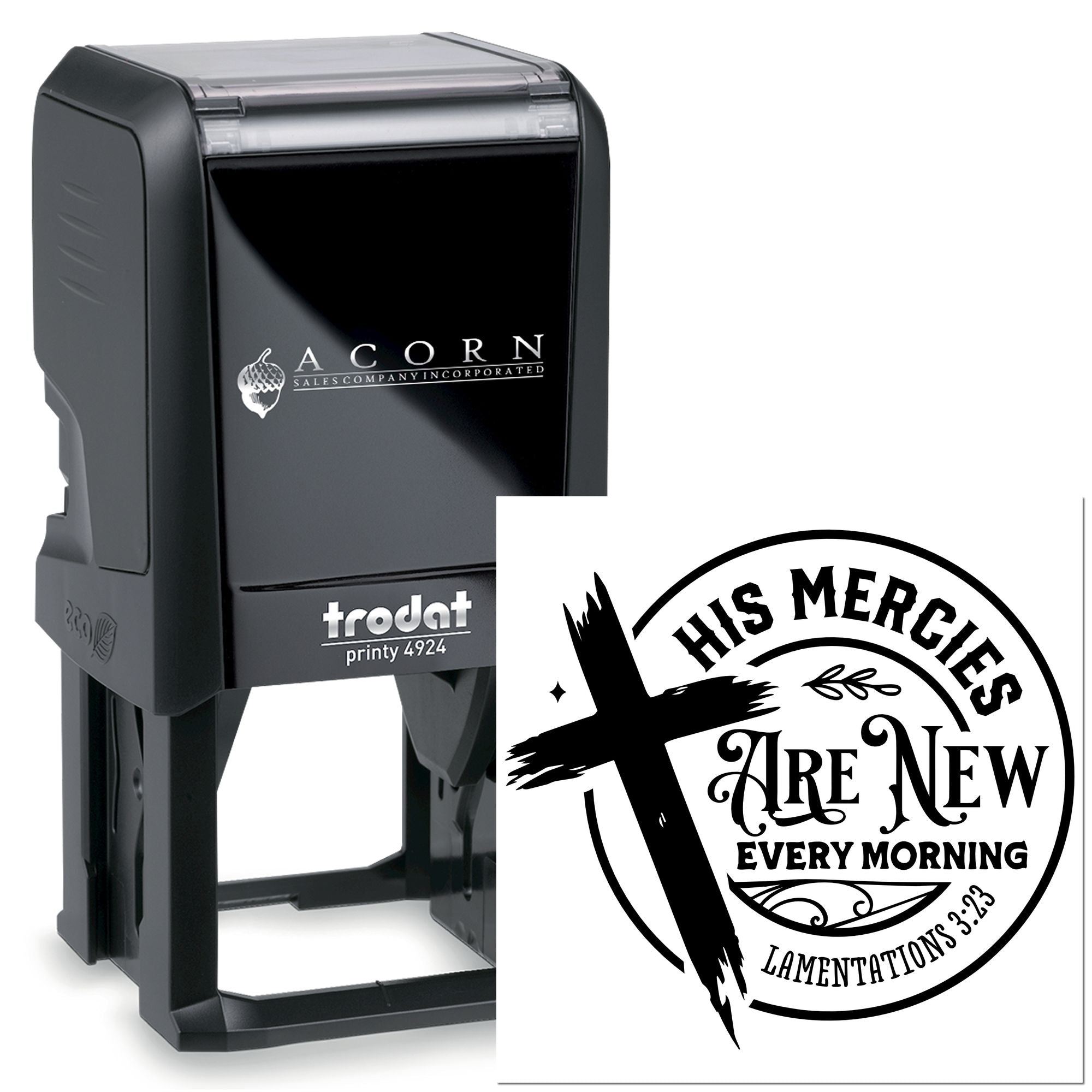 Custom self-inking rubber stamp with Trodat Printy 4924 and church design: His mercies are new every morning from Lamentations 3:23.