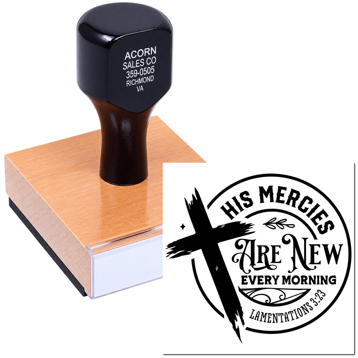 Custom rubber stamp with Bible verse His mercies are new every morning for church crafts, cards, and faith-based stationery.