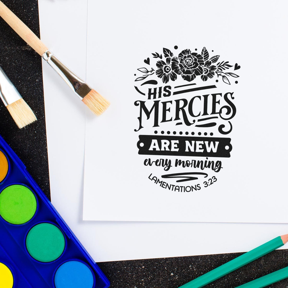 Floral Christian rubber stamp reading His mercies are new every morning from Lamentations 3:23 for Bible journaling.