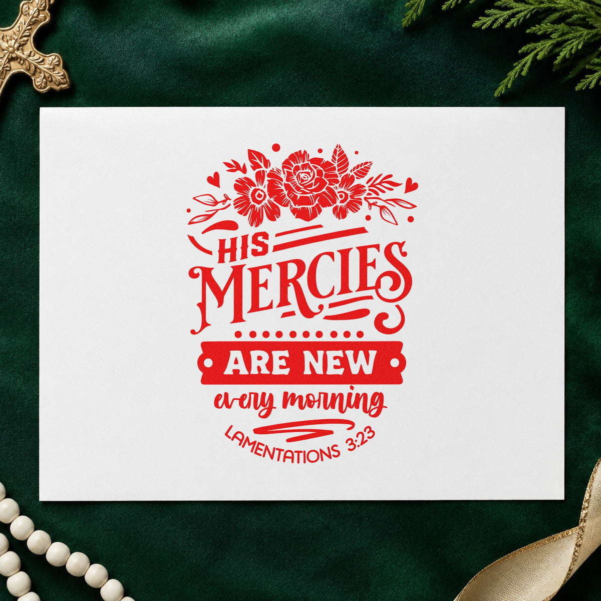 New Mercies Dark Roses rubber stamp shown in red ink, stamped for projects such as anniversary remembrance.
