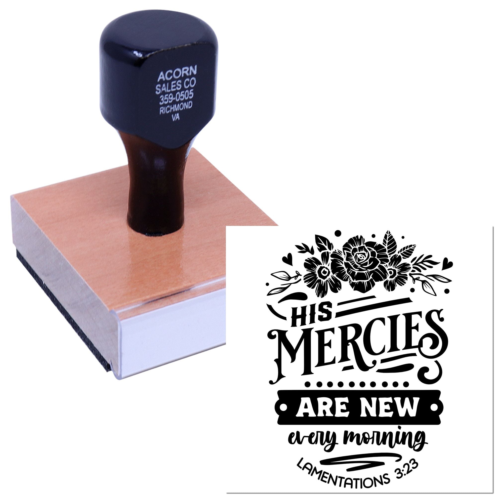 Custom rubber stamp with floral Bible verse design, featuring "His Mercies Are New Every Morning" from Lamentations 3:23.