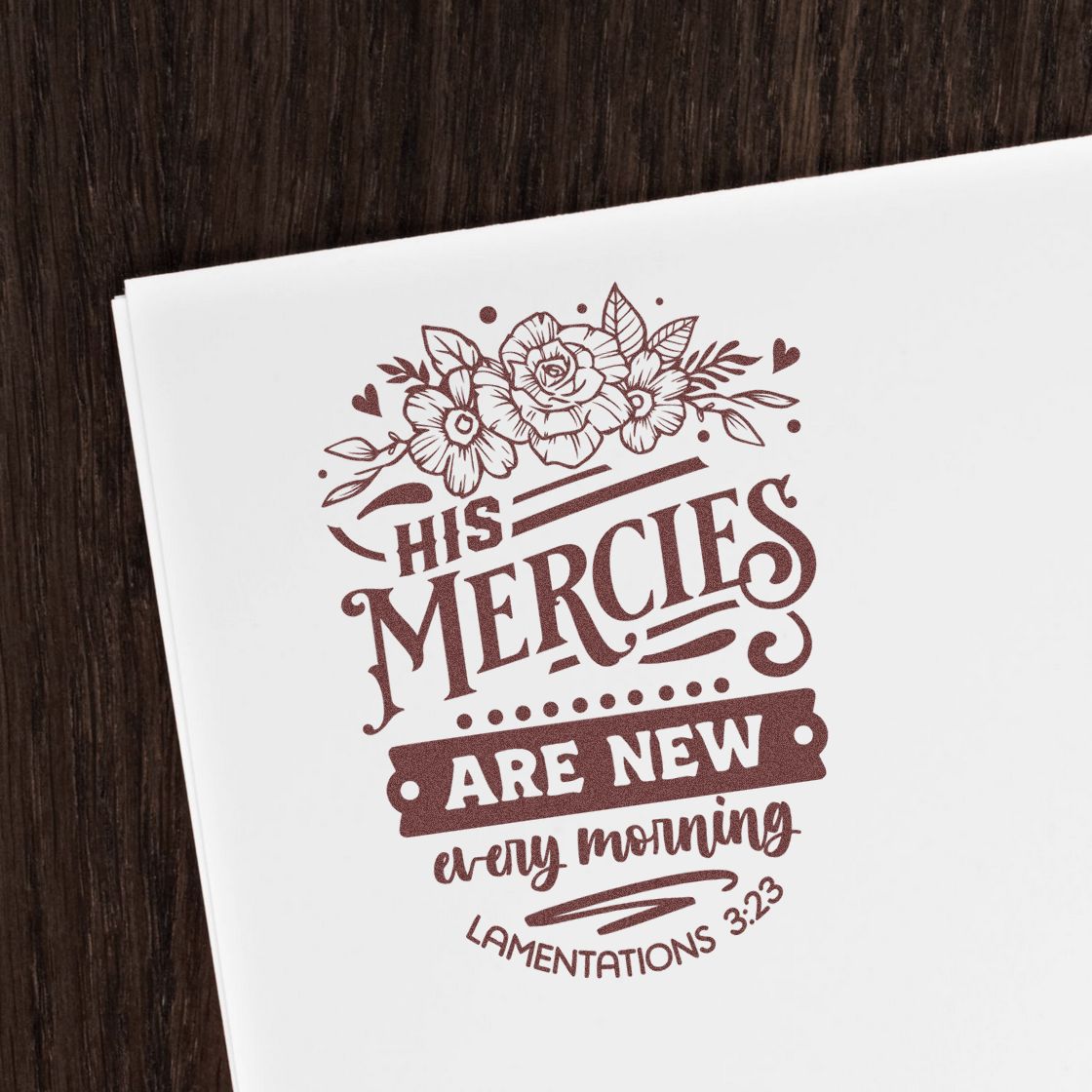 Christian rubber stamp design with floral art and Bible verse His mercies are new every morning from Lamentations 3:23.