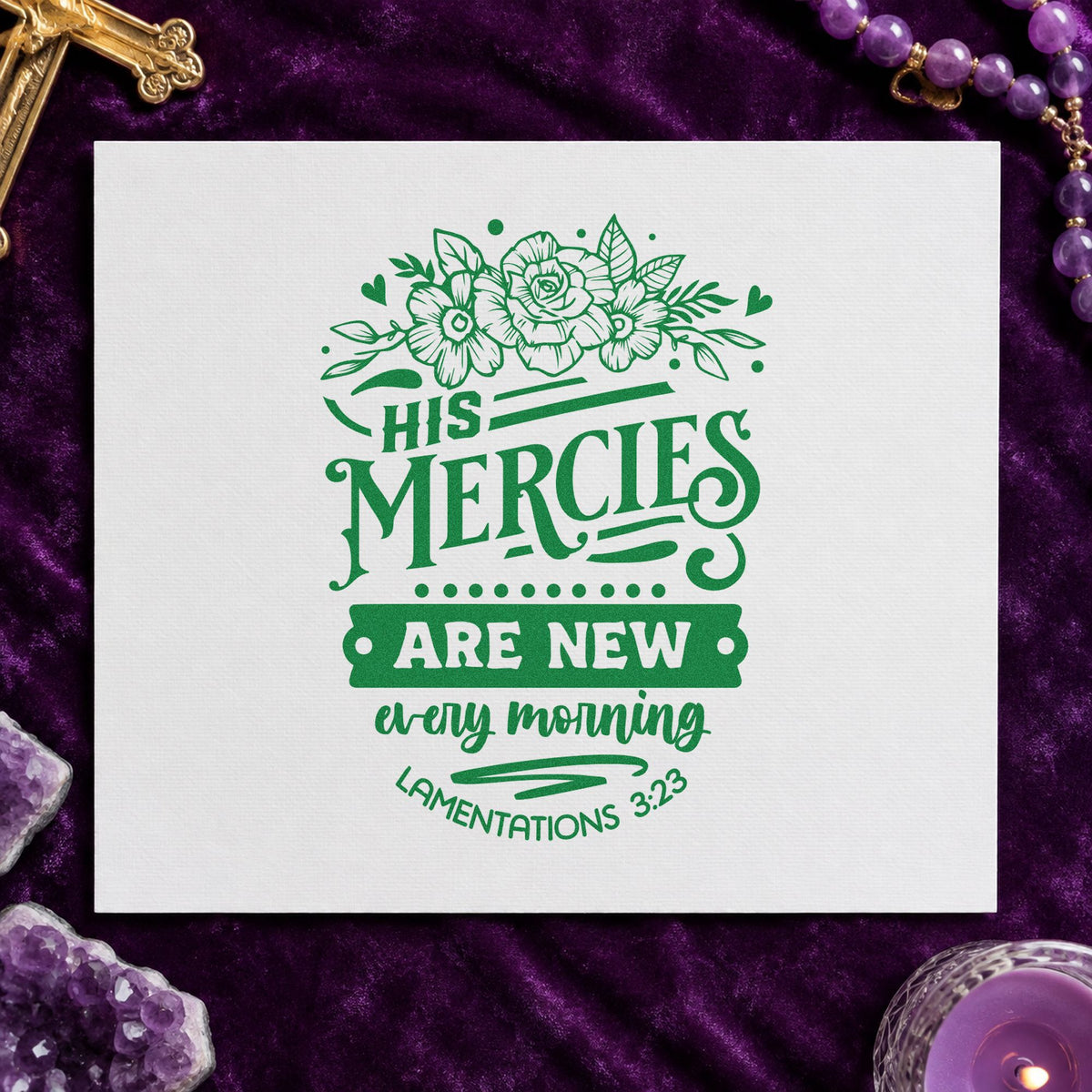 New Mercies Outline Roses craft stamp imprint in green ink on a handmade project, one idea being watercolor craft pages.