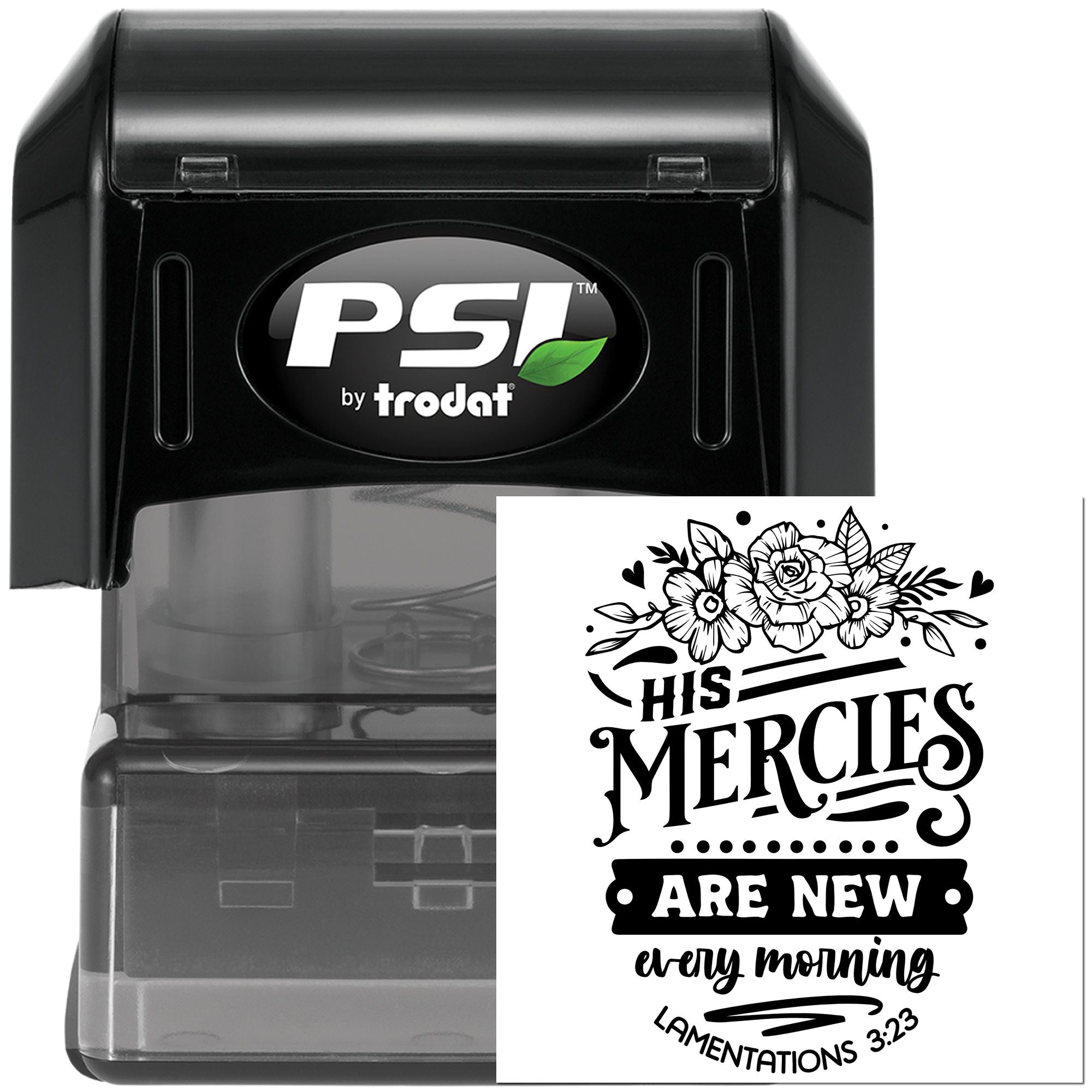 Self-inking PSI by Trodat rubber stamp with His mercies are new every morning Lamentations 3:23 design for Christian crafts.