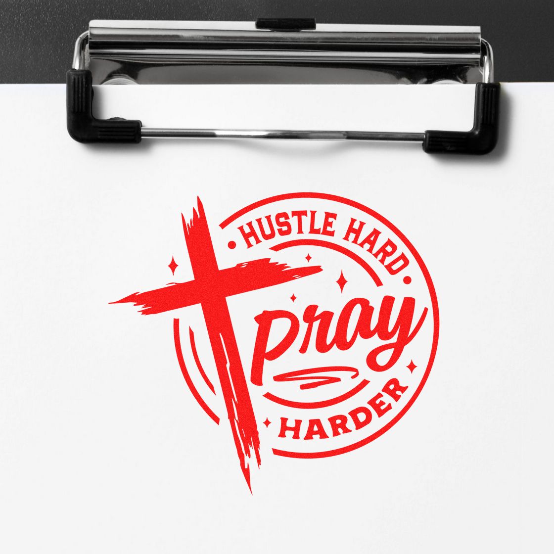 Red religious motivational rubber stamp design reading Hustle Hard Pray Harder with cross for clipboard branding.