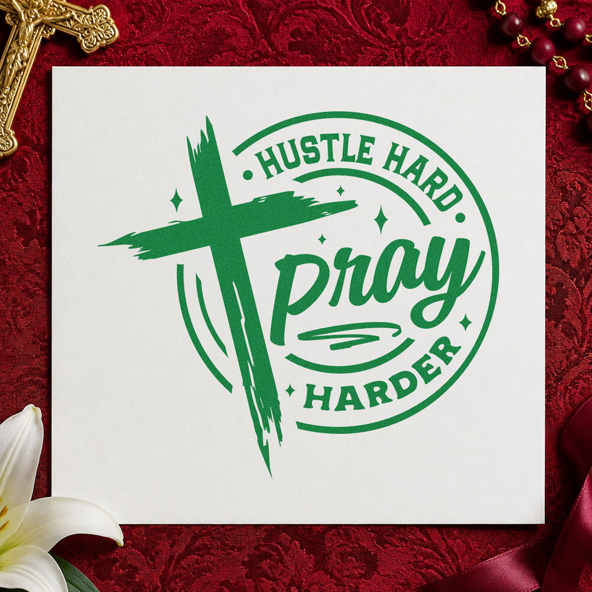 PSI Pre-Inked Hustle Hard, Pray Harder Brushstroke Cross Stamp in use 3