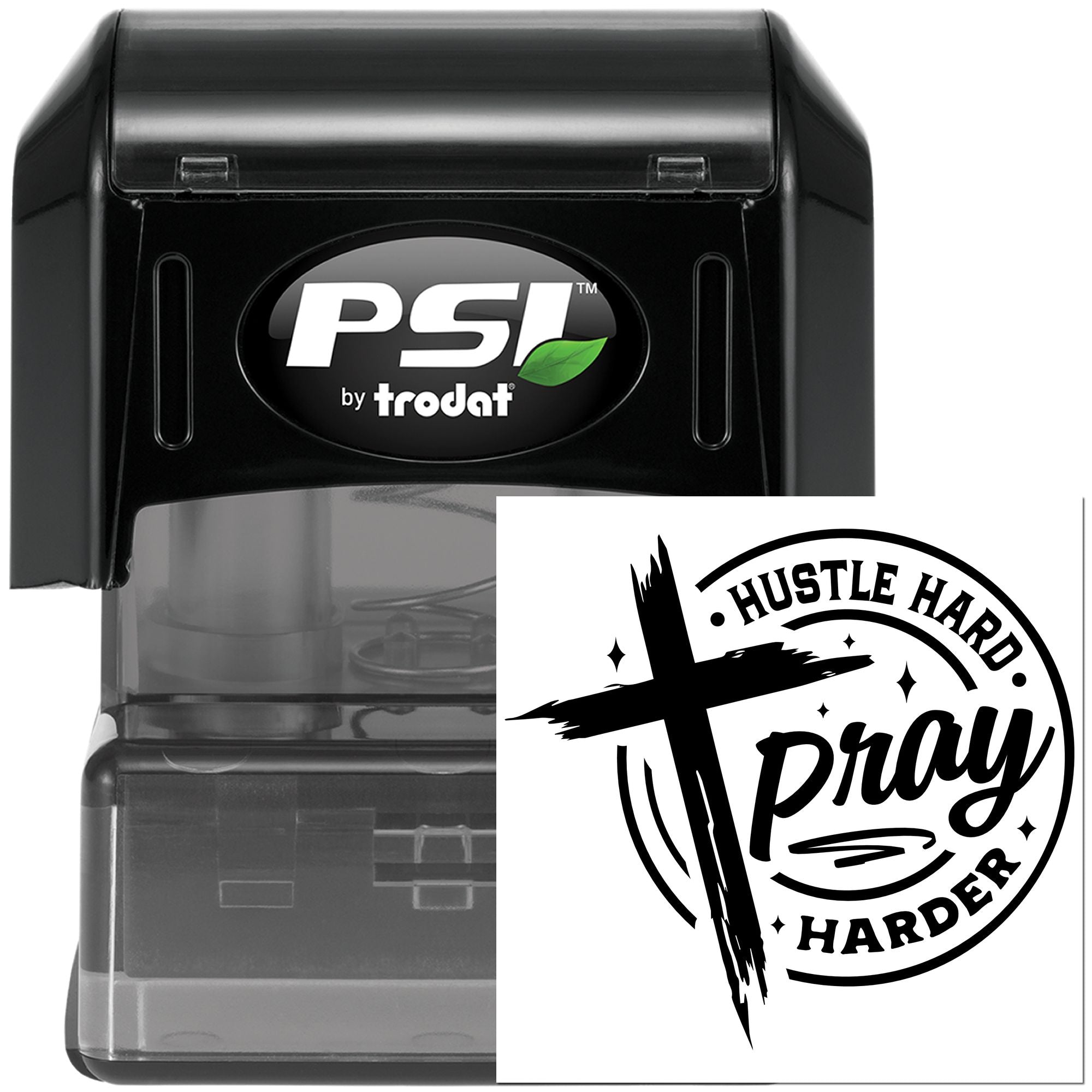 PSI by Trodat self-inking rubber stamp with custom Hustle Hard Pray Harder motivational logo for business branding
