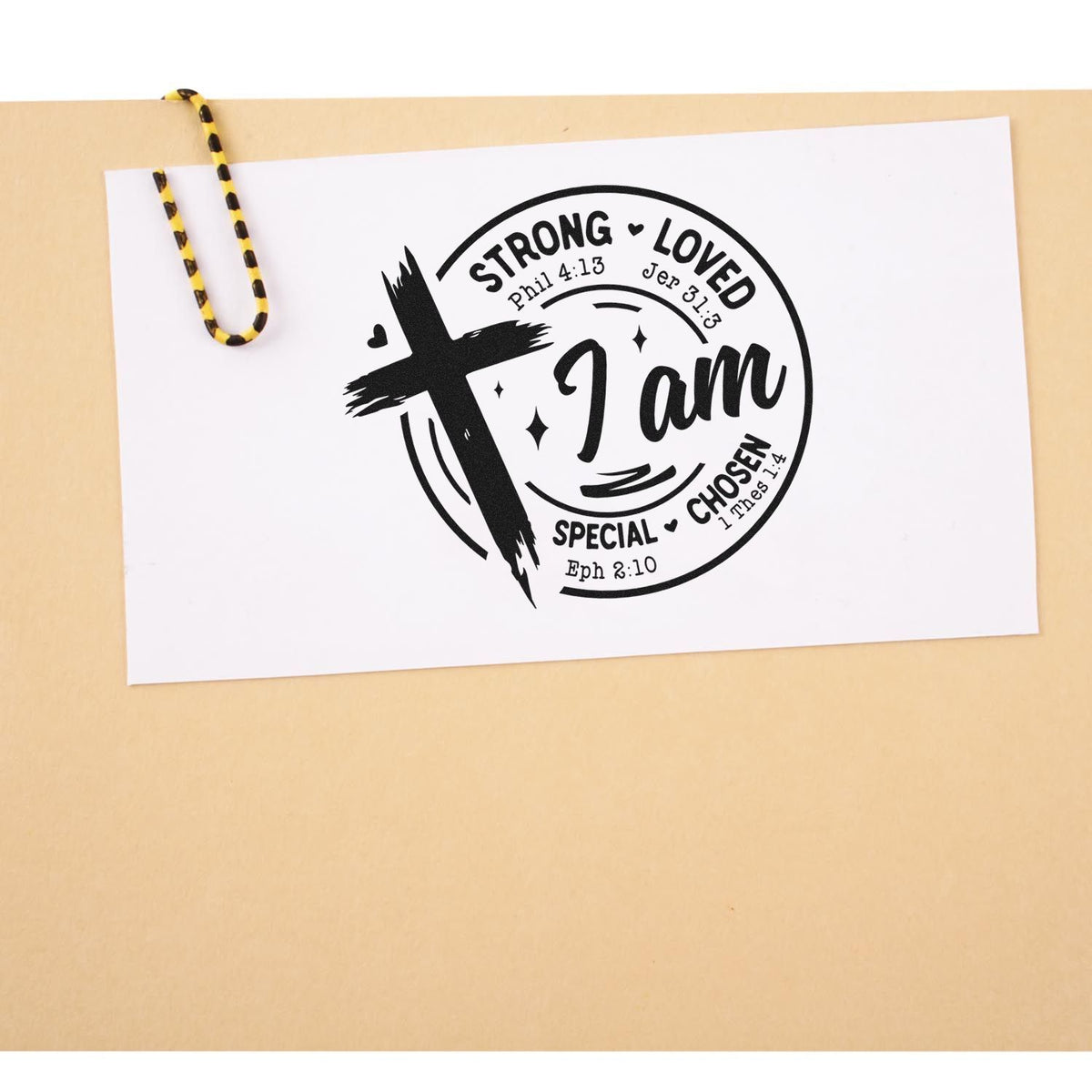 Christian rubber stamp design with cross and I am Bible verse motif, featuring Strong, Loved, Special, Chosen scripture text.