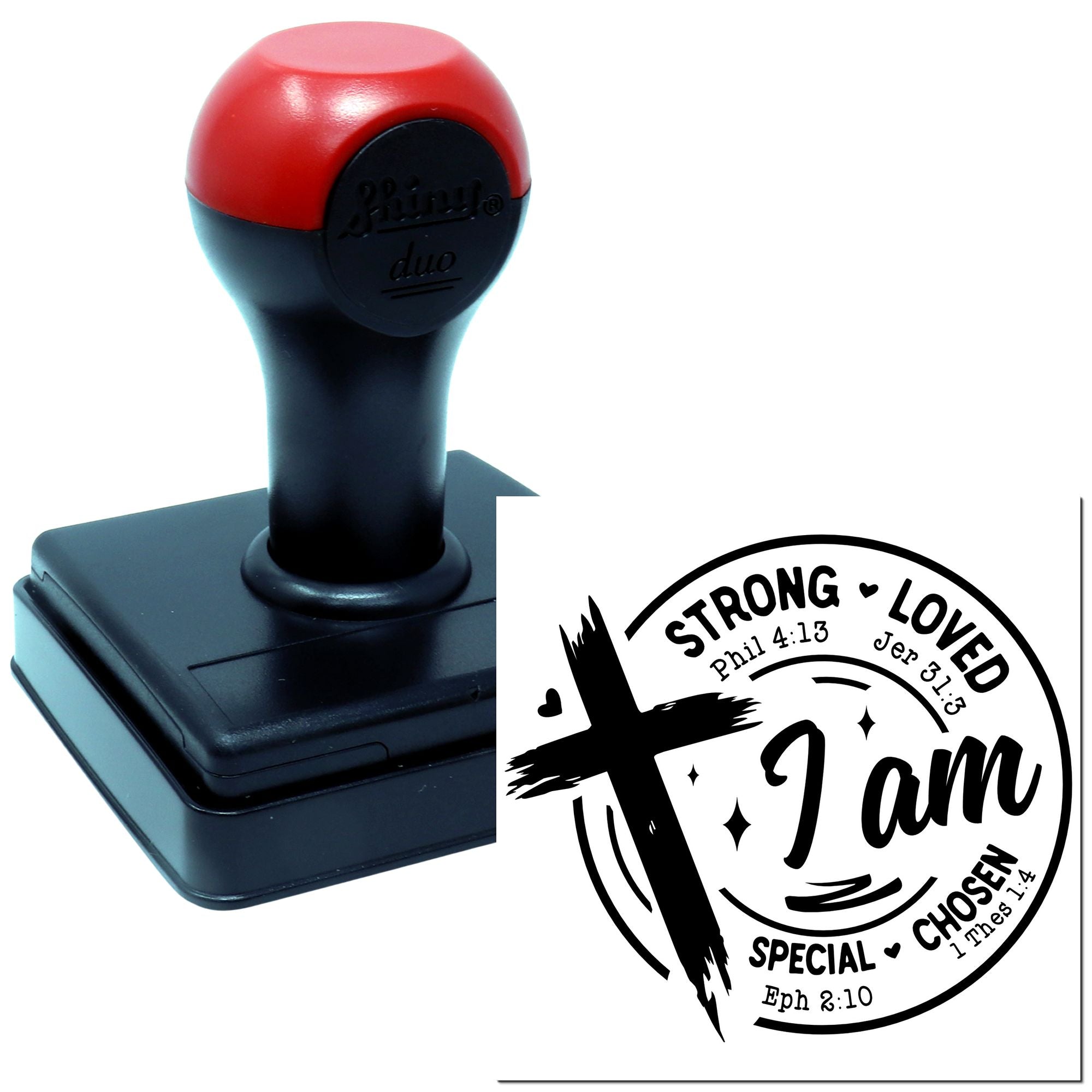 Self-inking rubber stamp with custom Christian I Am design featuring Bible verses, ideal for personalized faith-based stamping.
