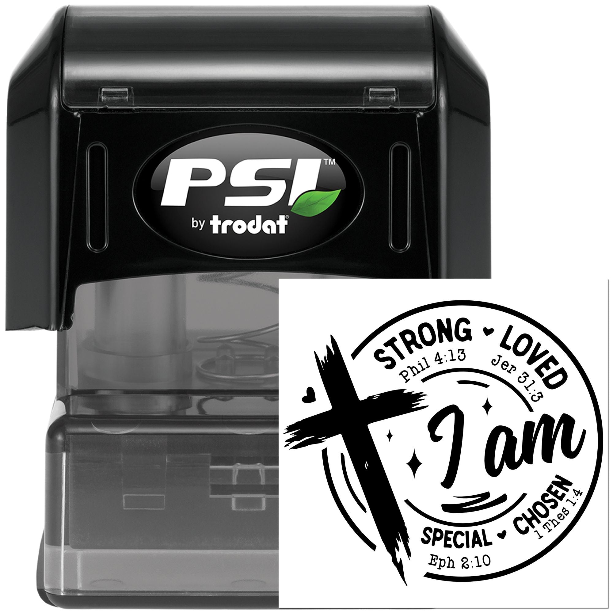 PSI by Trodat self-inking rubber stamp with Christian I am scripture design for faith-based crafting and cards