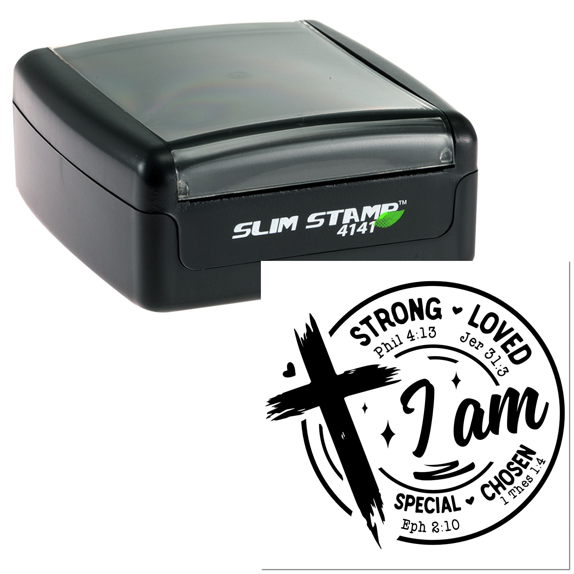 Custom self-inking rubber stamp with Christian I am Strong Loved Chosen Bible verse design for faith-based crafts.