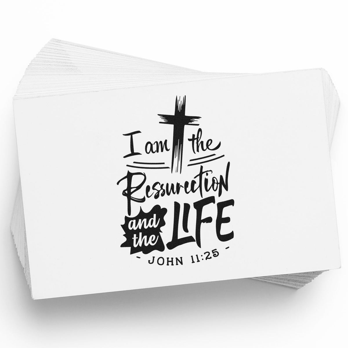 Christian rubber stamp design with cross and Bible verse John 11:25, I am the Resurrection and the Life.
