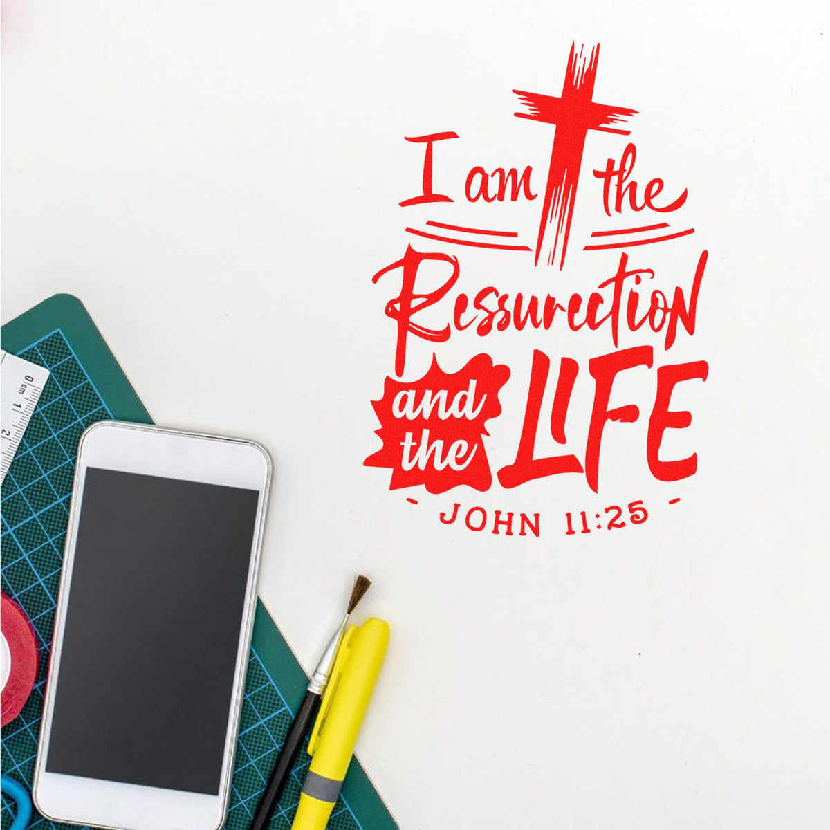 Resurrection and Life rubber stamp shown in red ink, stamped for projects such as easter basket tags.