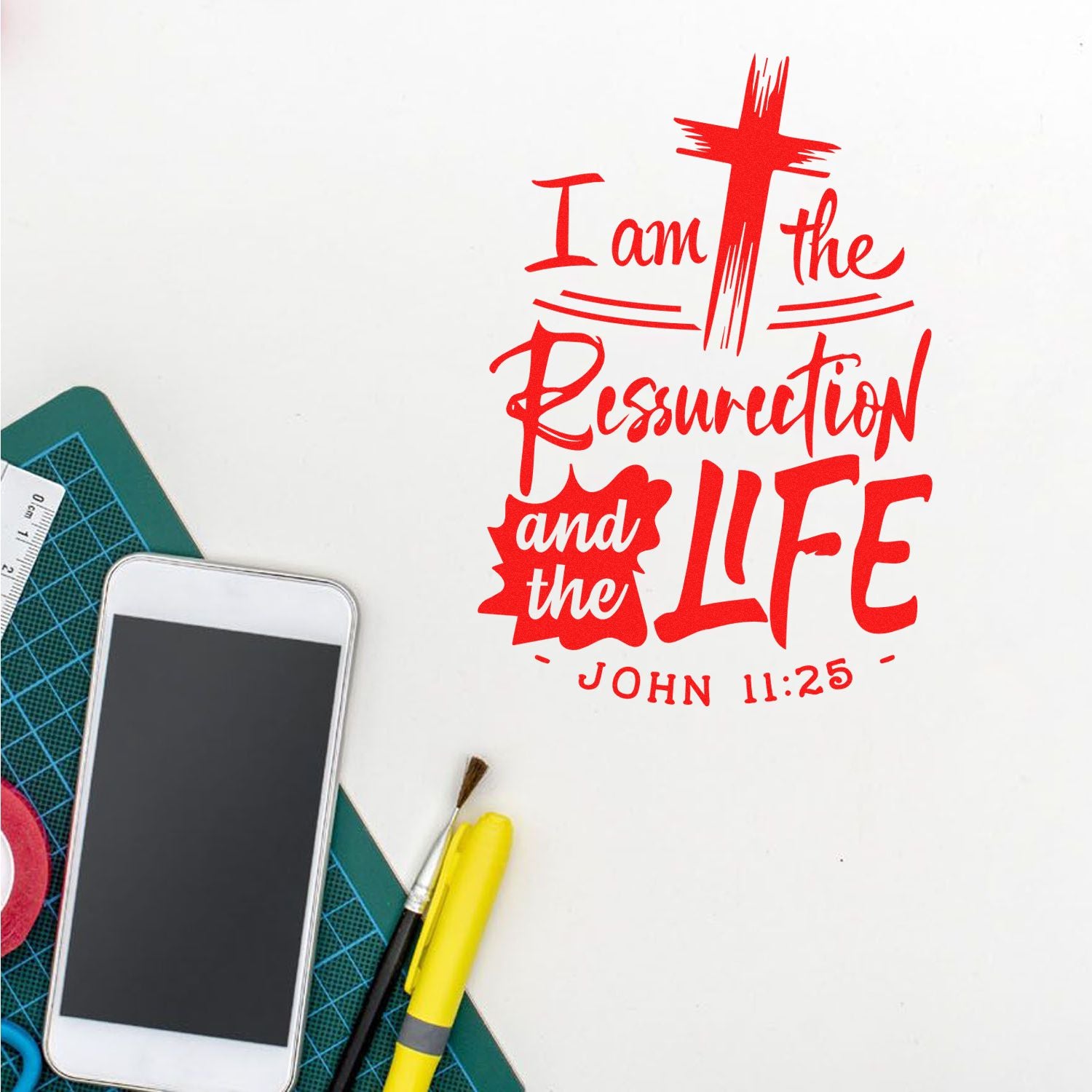 Christian rubber stamp design with John 11:25 verse, I am the Resurrection and the Life, featuring a cross for faith crafts.