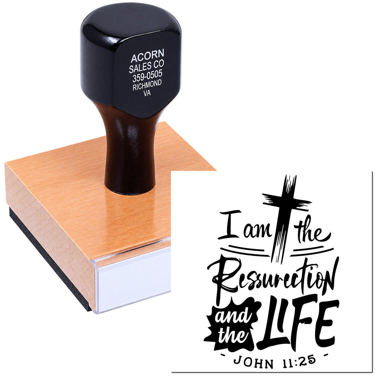 Custom Christian rubber stamp with I am the Resurrection and the Life Bible verse, John 11:25, for faith-based crafts.